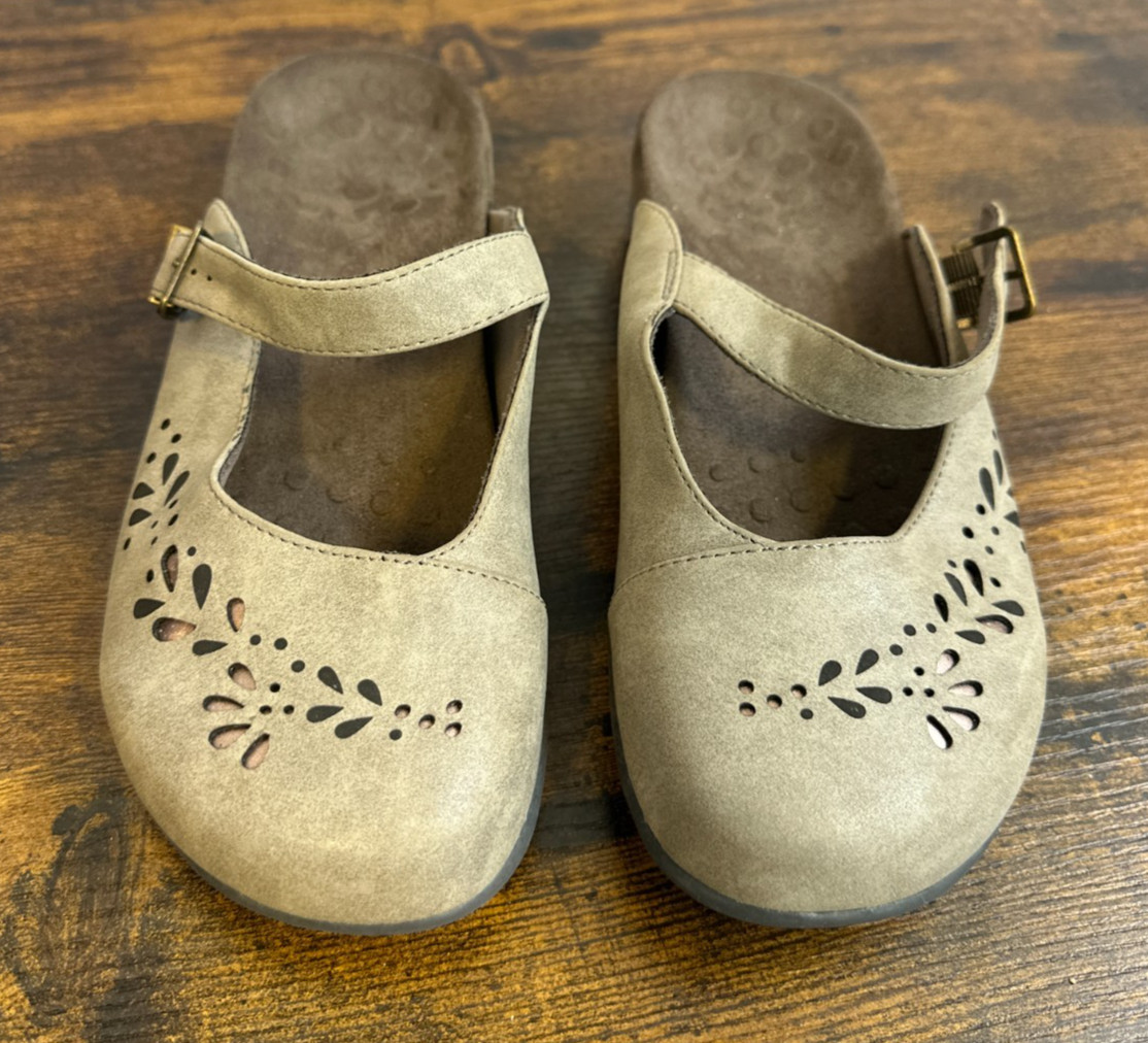 Vionic Rest Midway Mary Jane Mules Taupe Laser Cut Floral Orthotic Shoes Size 8