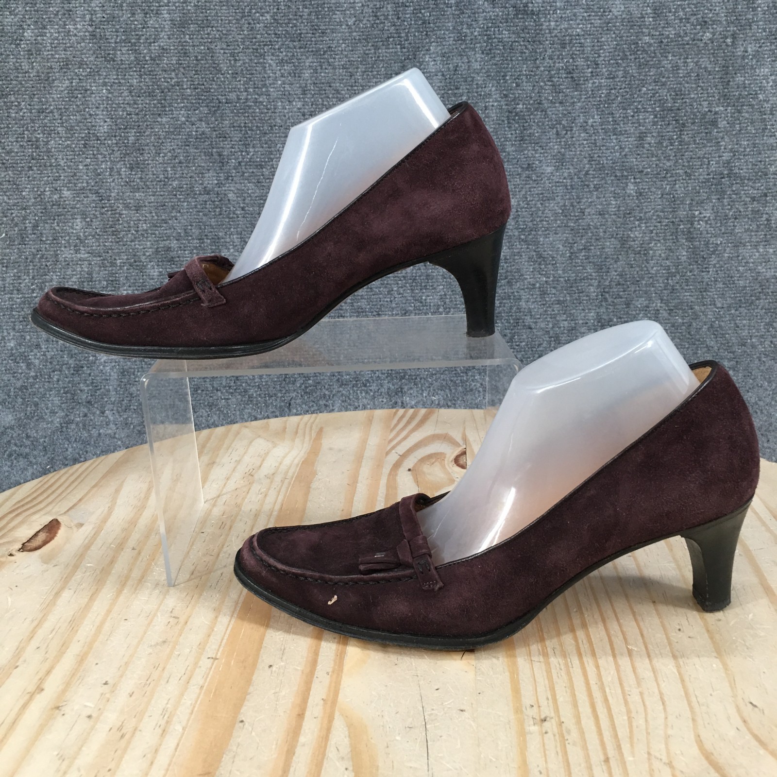 Bally Shoes Womens 5.5 Slip On Moc Toe Kitten Heel Pumps Burgundy Suede Leather