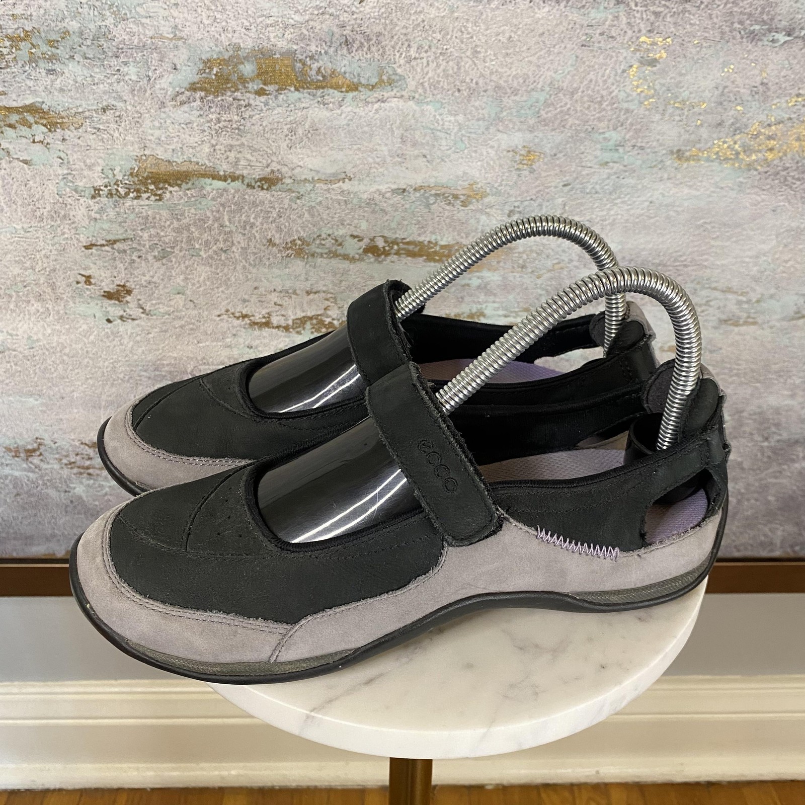 ECCO Shoes Womens Size 6.5 Black Nubuck Mary Jane Walking Comfort Flats Casual