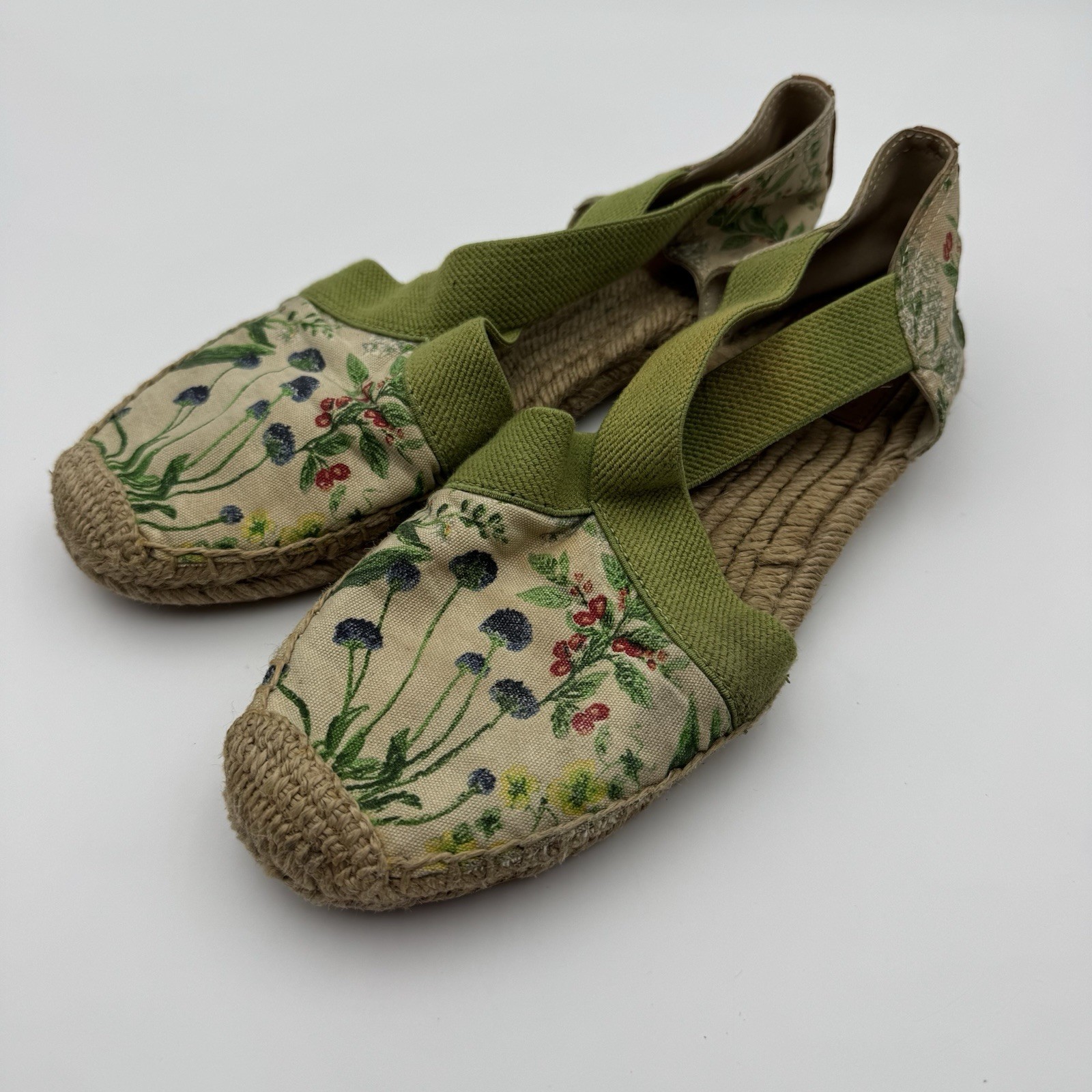 Tory Burch Catalina Floral Botanical Espadrilles Canvas Elastic Sz 8 1/2 Flaws