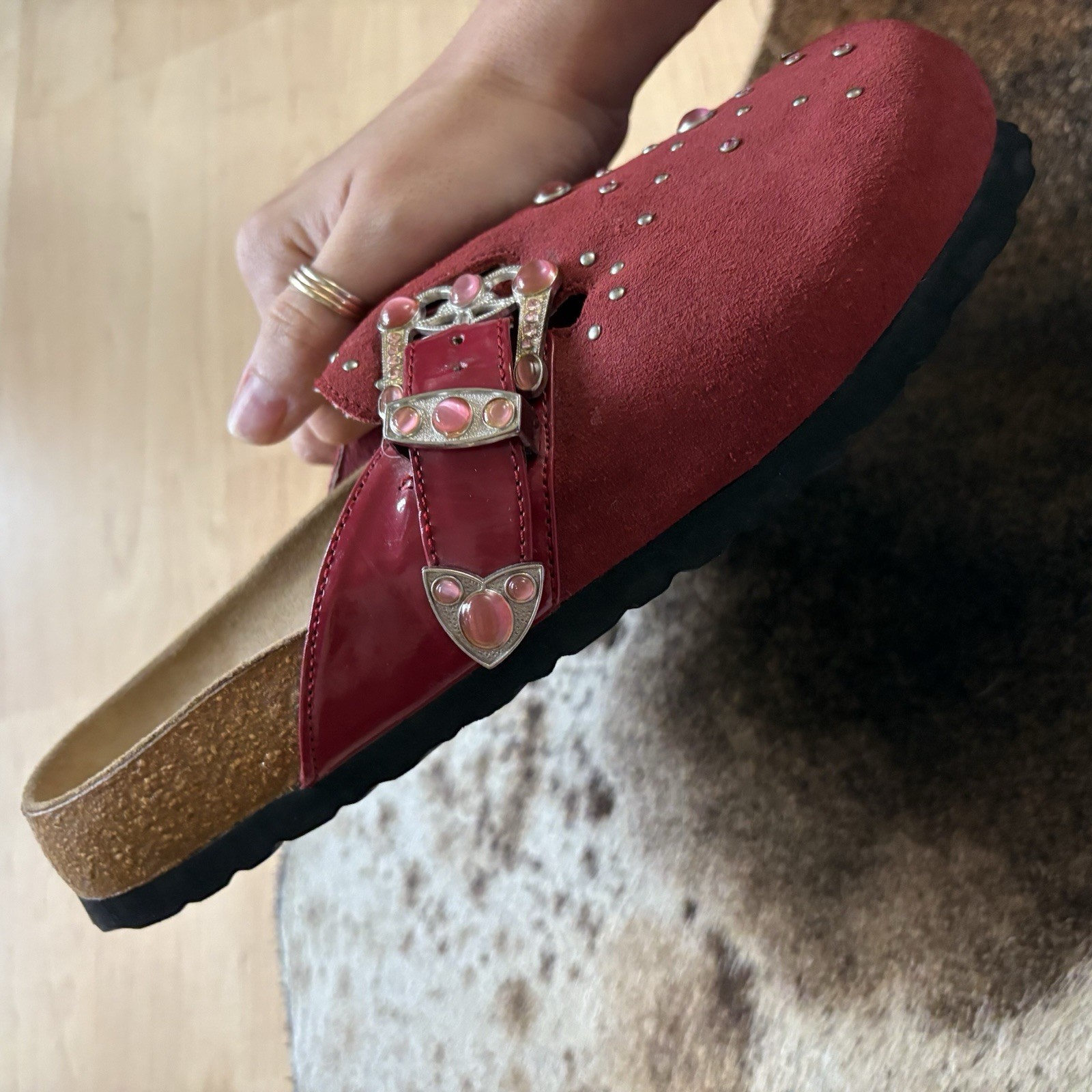 BETULA BY BIRKENSTOCK Red Studded Suede Clogs Size 8