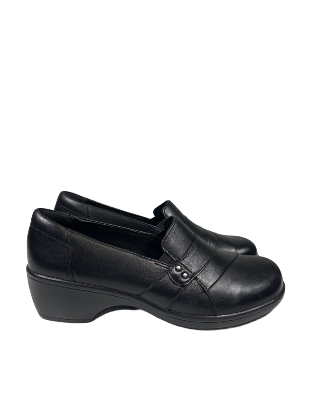 Clarks Collection Women’s Black Leather May Marigold Slide On Shoes – 7