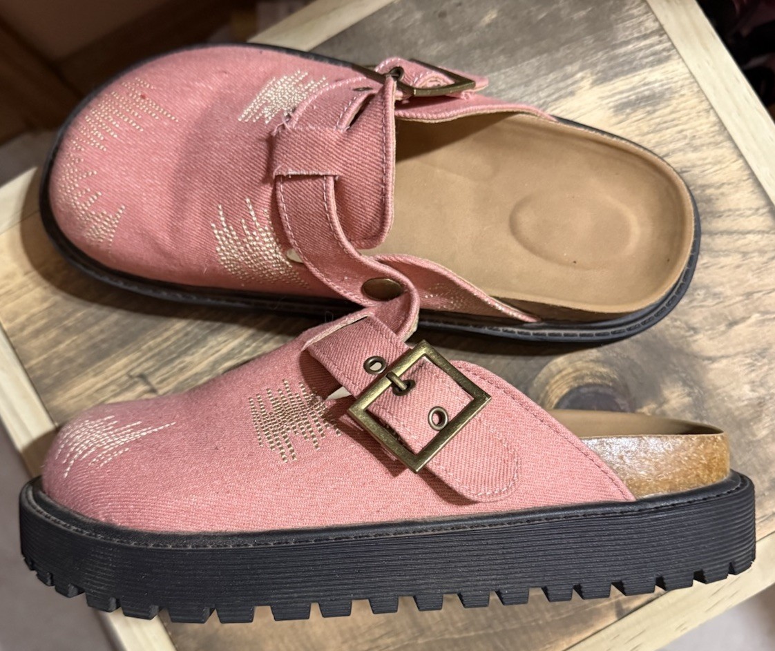 Women’s Pink Canvas Clog Mule Comfort Buckle Strap Rubber Sole EU 39 US 8.5