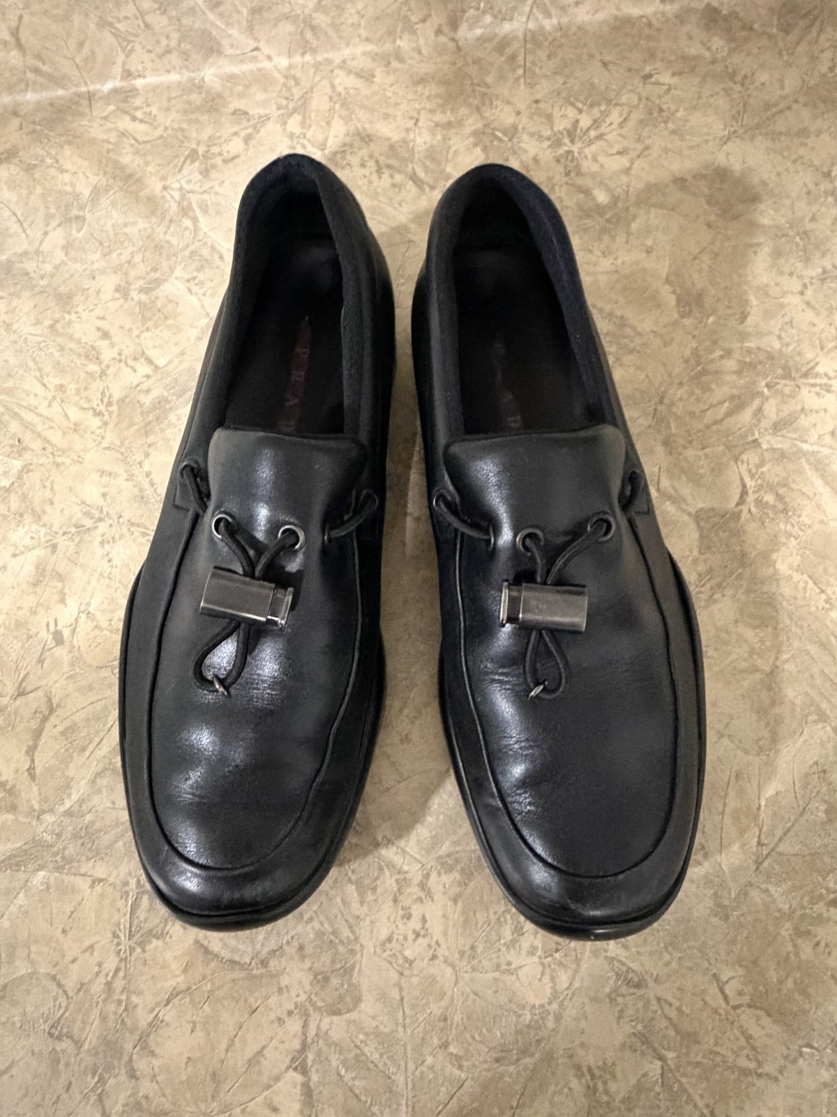 Prada Black Leather Drawstring Toggle Loafers Size 37.5 (US 7) Slip-On Moccasin