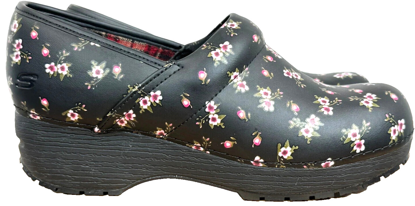 Skechers Work Clogs Womens Black Floral Print Slip Resist Nurses/Profess Shoe~10