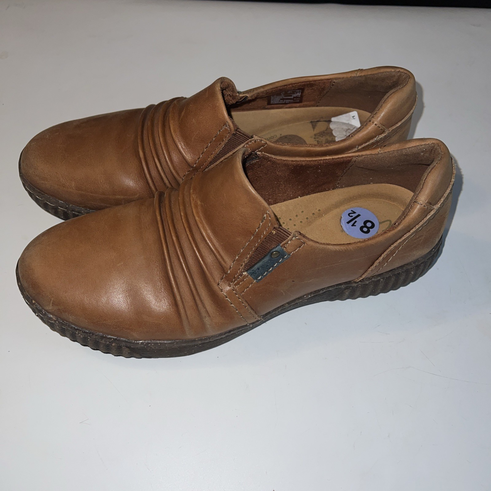 Clarks Magnolia Faye Saddle Brown Leather Ruched Slip On Loafer Moccasin 8.5