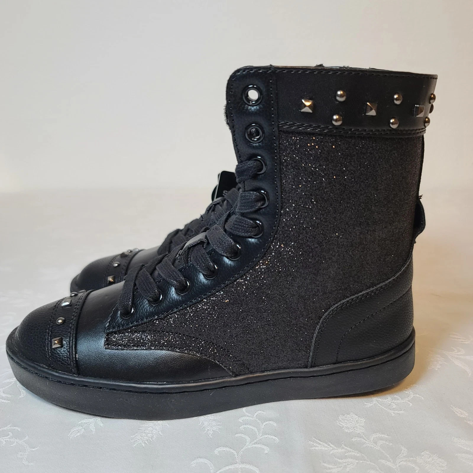 Pastry Women’s 5 High Top Sneakers Black Glittered Leather Lace Up Shoes