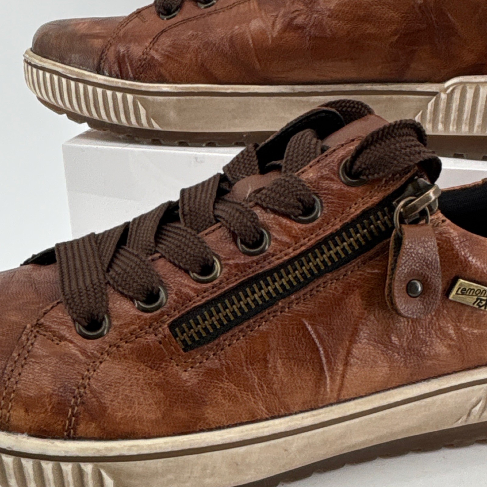 Remonte Brown Leather Lace-Up Sneakers Zipper Logo Women US 9.5 EU 41 Comfort