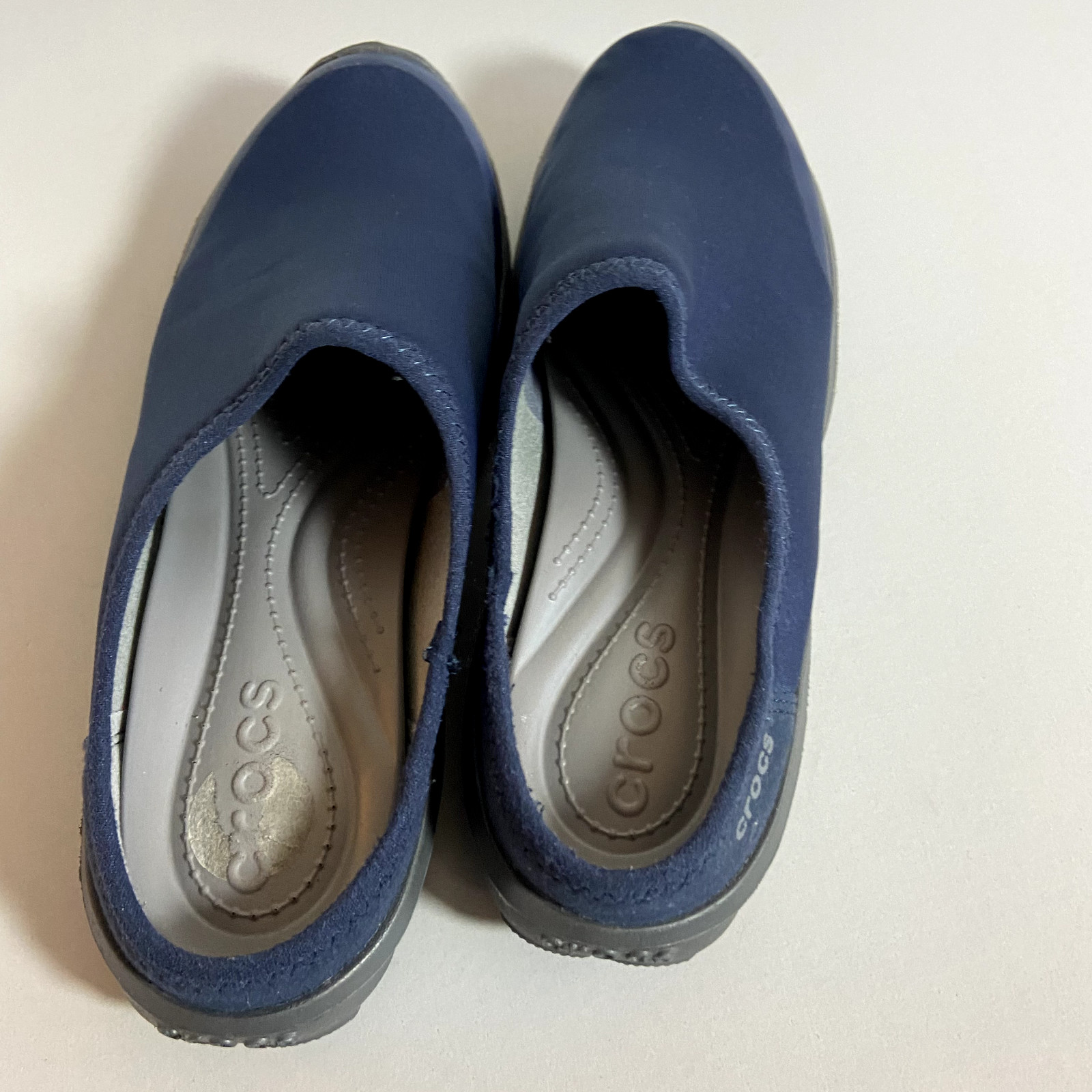 Crocs Womens Slip On Mules Cloth Sz 6 Blue Clogs Fabric Duet Busy Day No Backs
