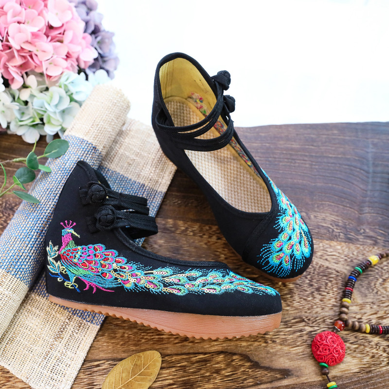 Fashion Women’s Peacock Blue Embroidered Cloth Shoes Hidden Heel Shoes Retro Sz