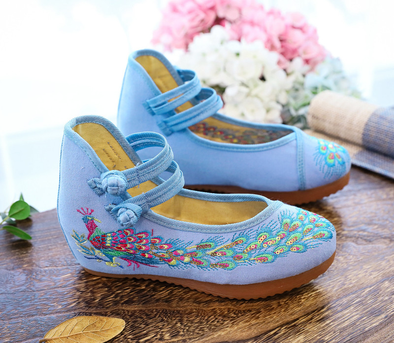 Fashion Women’s Peacock Blue Embroidered Cloth Shoes Hidden Heel Shoes Retro Sz