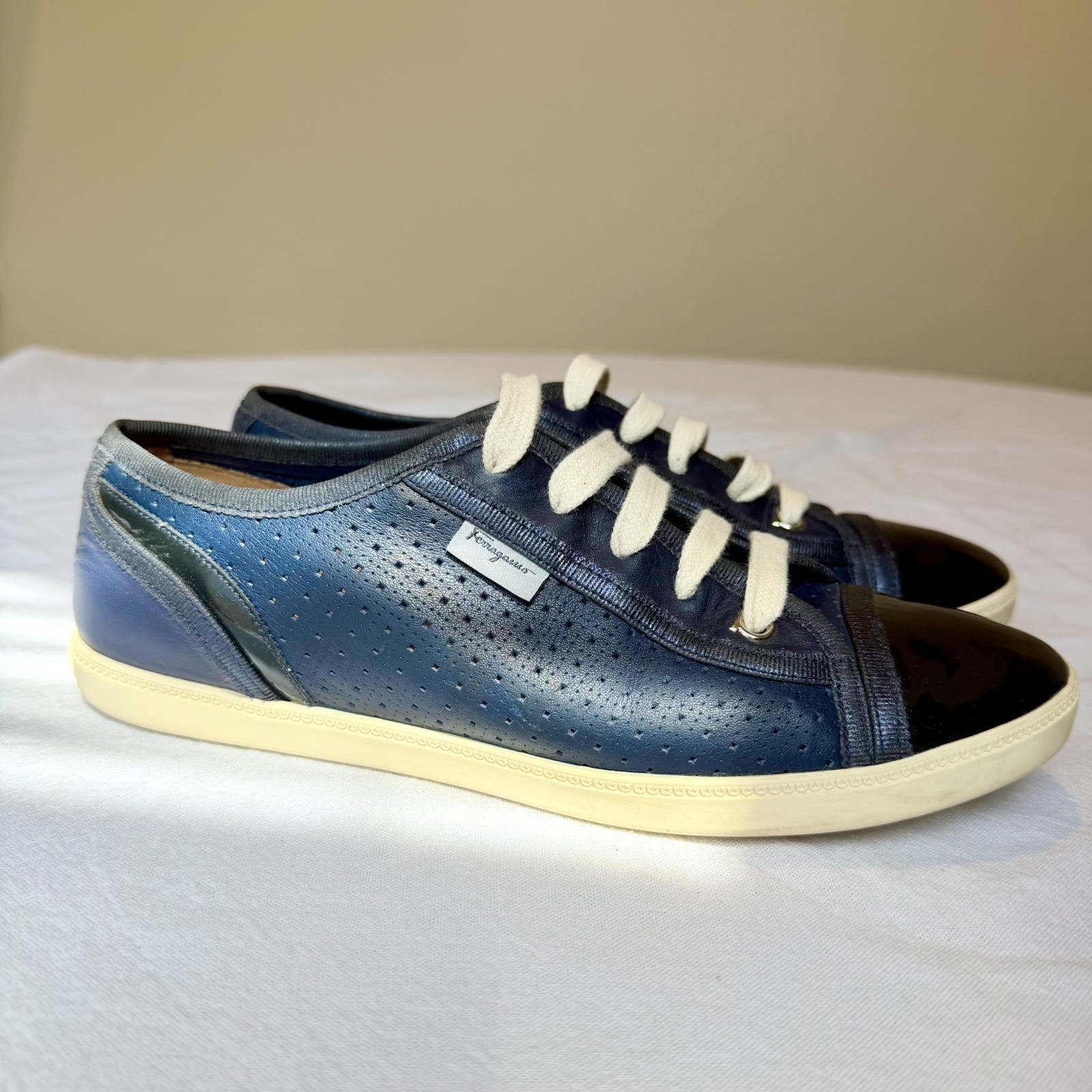 Salvatore Ferragamo Soho Perforated Sneakers Navy Leather Women’s Size 7.5 M