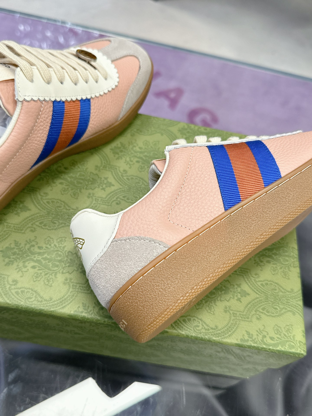 Gucci Pink Grey Suede Web Stripe Vintage German Trainer Women’s Sneakers