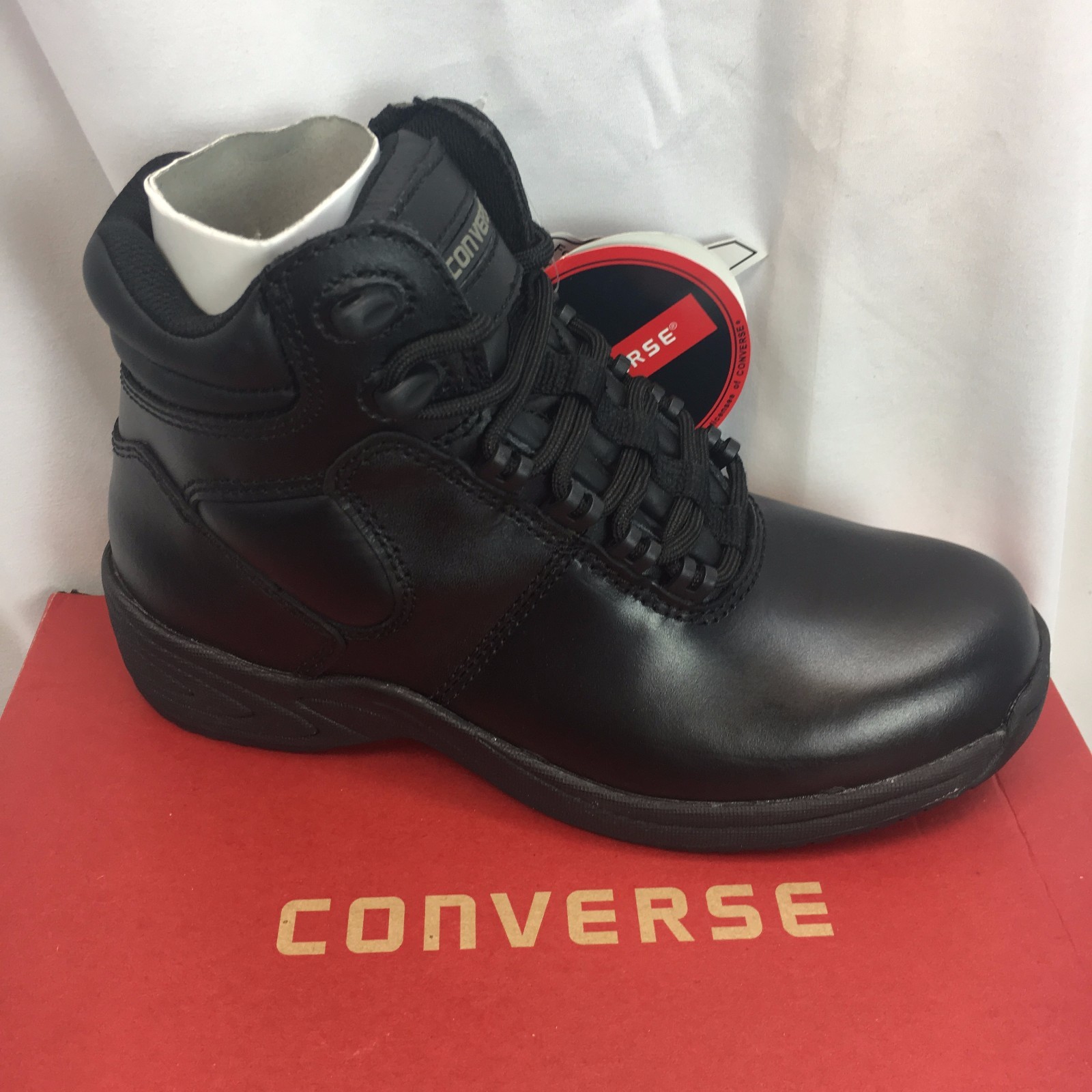 CONVERSE HI-TOP C124 6″ Black Pin Toe Chukka Athletic Black Leather Work Shoes