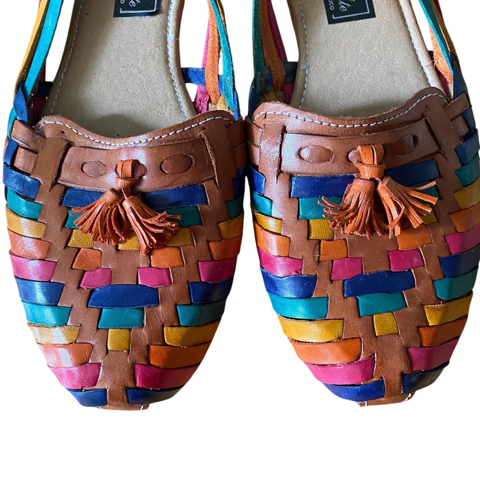 Women’s Slip On Sandal, Leather, 6.5, Tan/Multi colors, Made in Mexico, Size 6.5