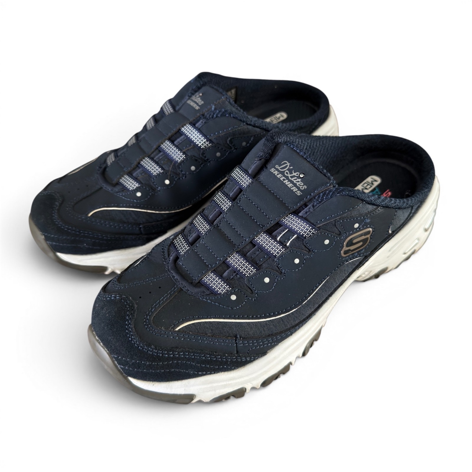 Skechers D’Lites 11940 Navy White Mule Clogs Air Cooled Memory Foam Women’s 8.5