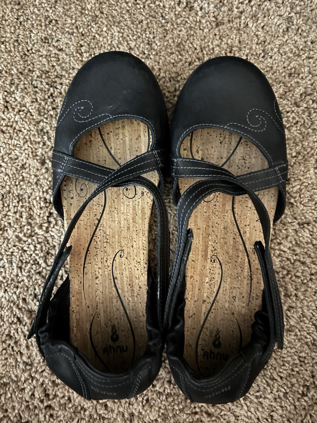 AHNU Mary Jane Shoes Womens 10 Karma Latitude Black Leather Cork Hook & Loop