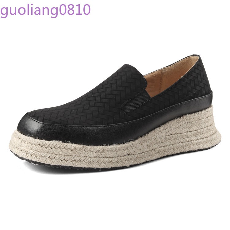 Weave Women’s Leather Casual Shoes Round Toe Platform Wedge Heel Loafer Platform