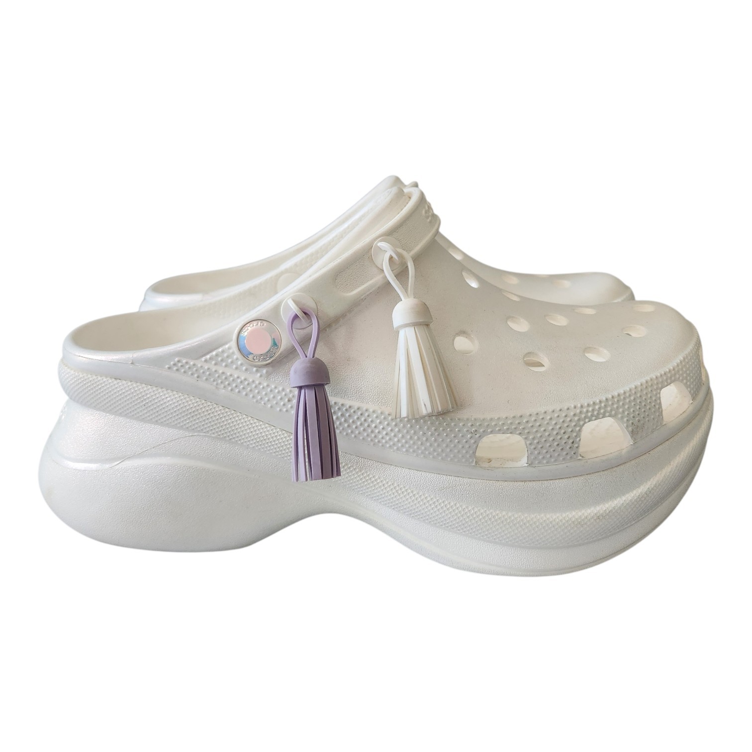 CROCS Classic Bae Festival Womens Iridescent White Tassel Platform Shoes Size 10