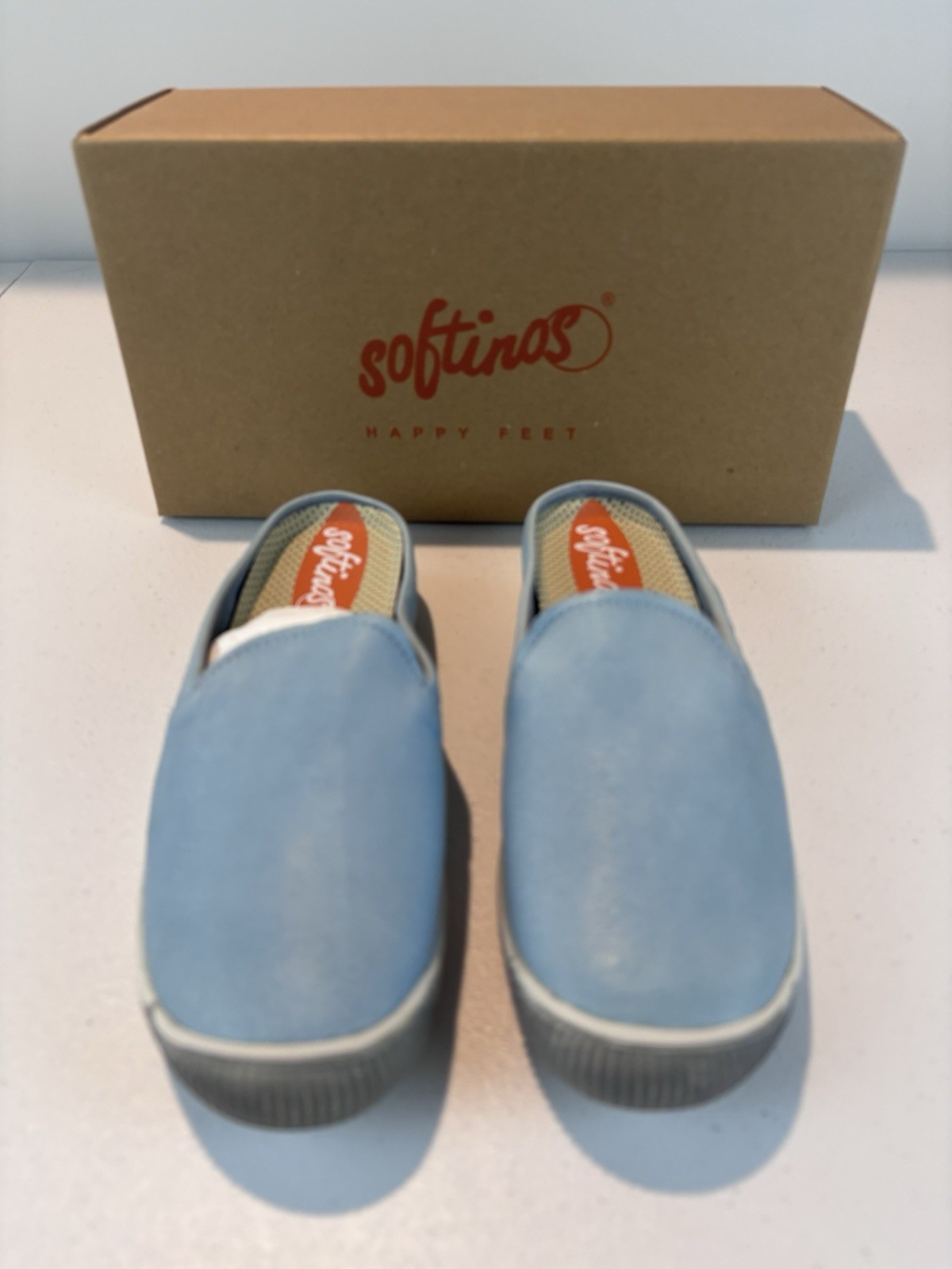Softinos by FLY London IMO Washed Leather Mules Pastel Blue EU 36 NIB