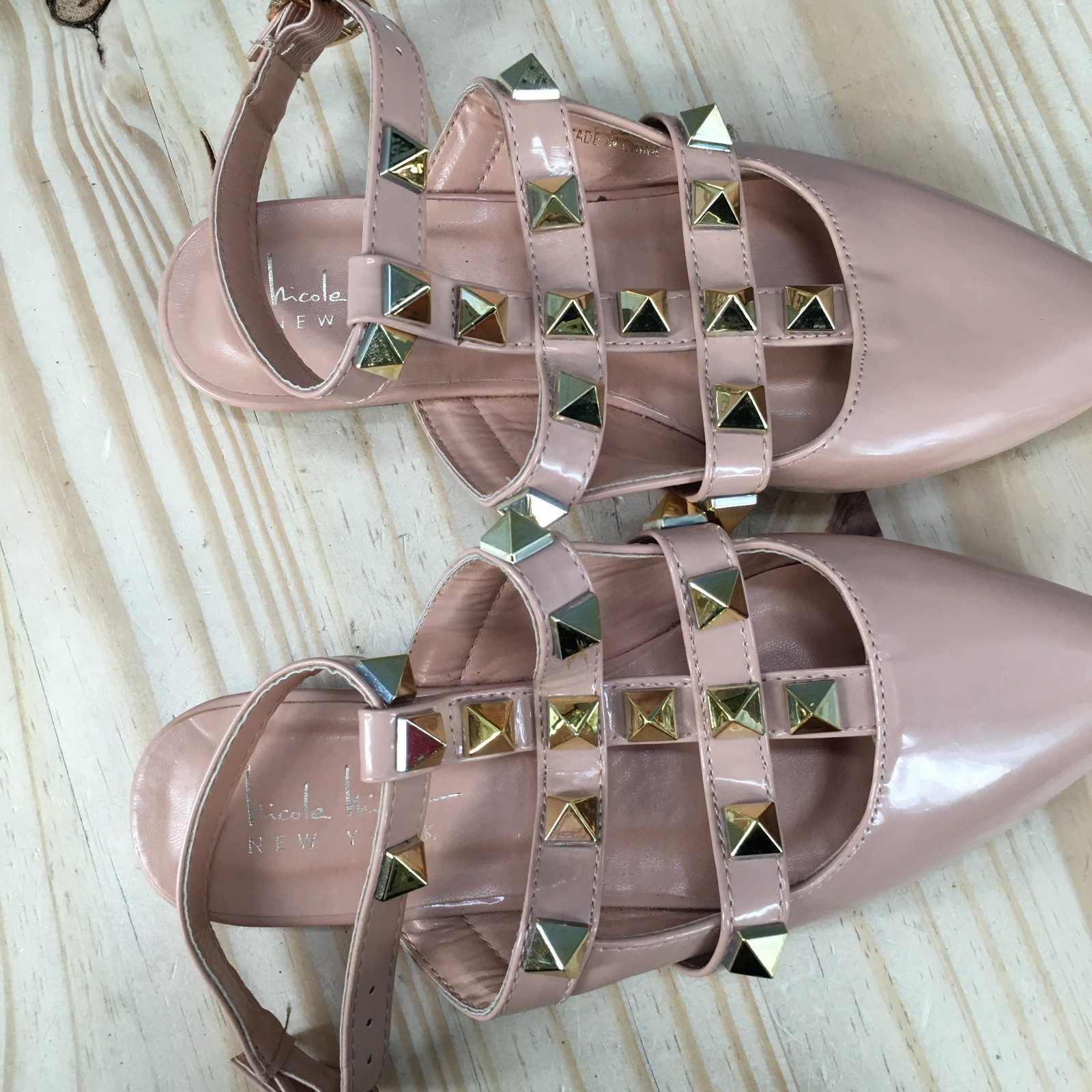 Nicole Miller Shoes Womens 6.5 Ankle Strap Studded Pointed Toe Casual Flats Pink
