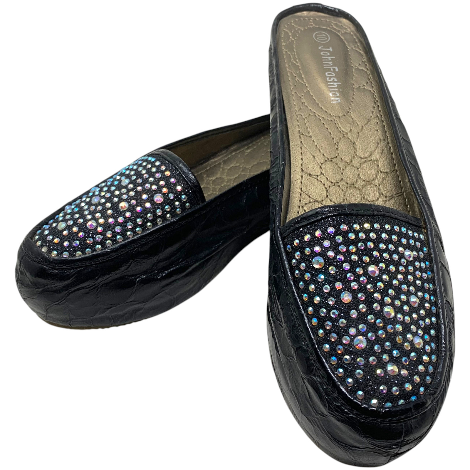 John Fashion Black Rhinestone Mule Slides Flatform Sparkle AB Crystal Sz 10