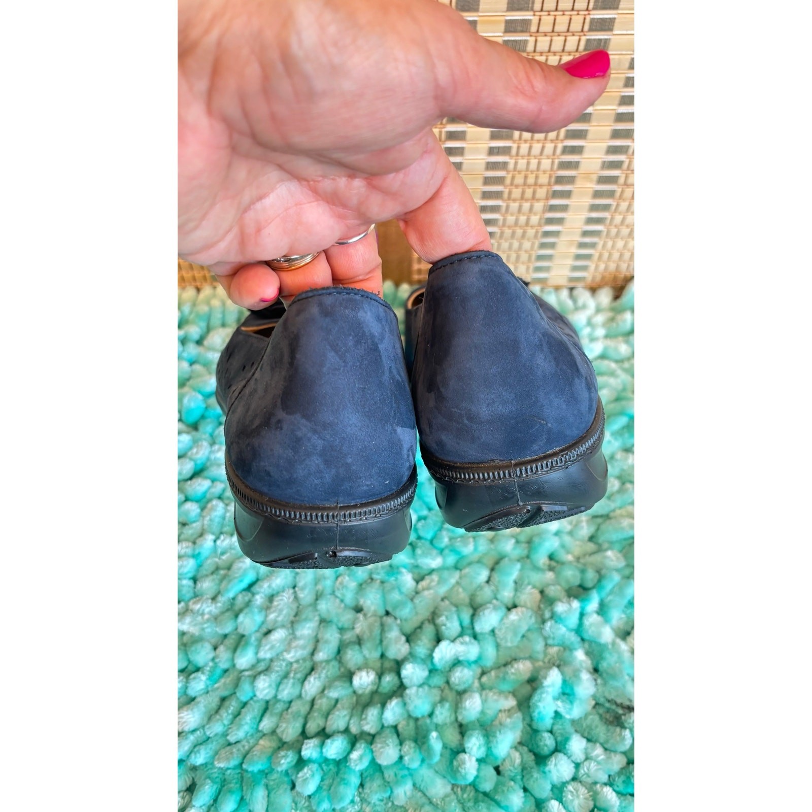Hotter Mexico blue suede leather flower accent slipon loafers shoes sz 9.5