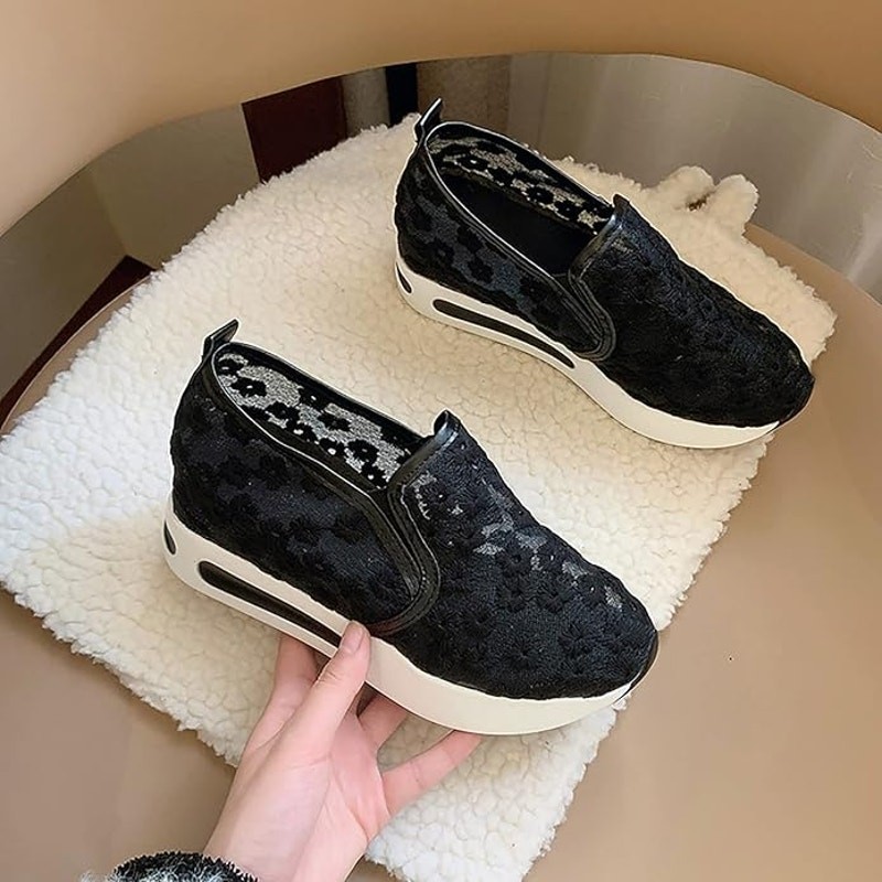 Fashion Sneakers Embroidery Floral Mesh Air Lace Slip On Black Size 8US /39CN