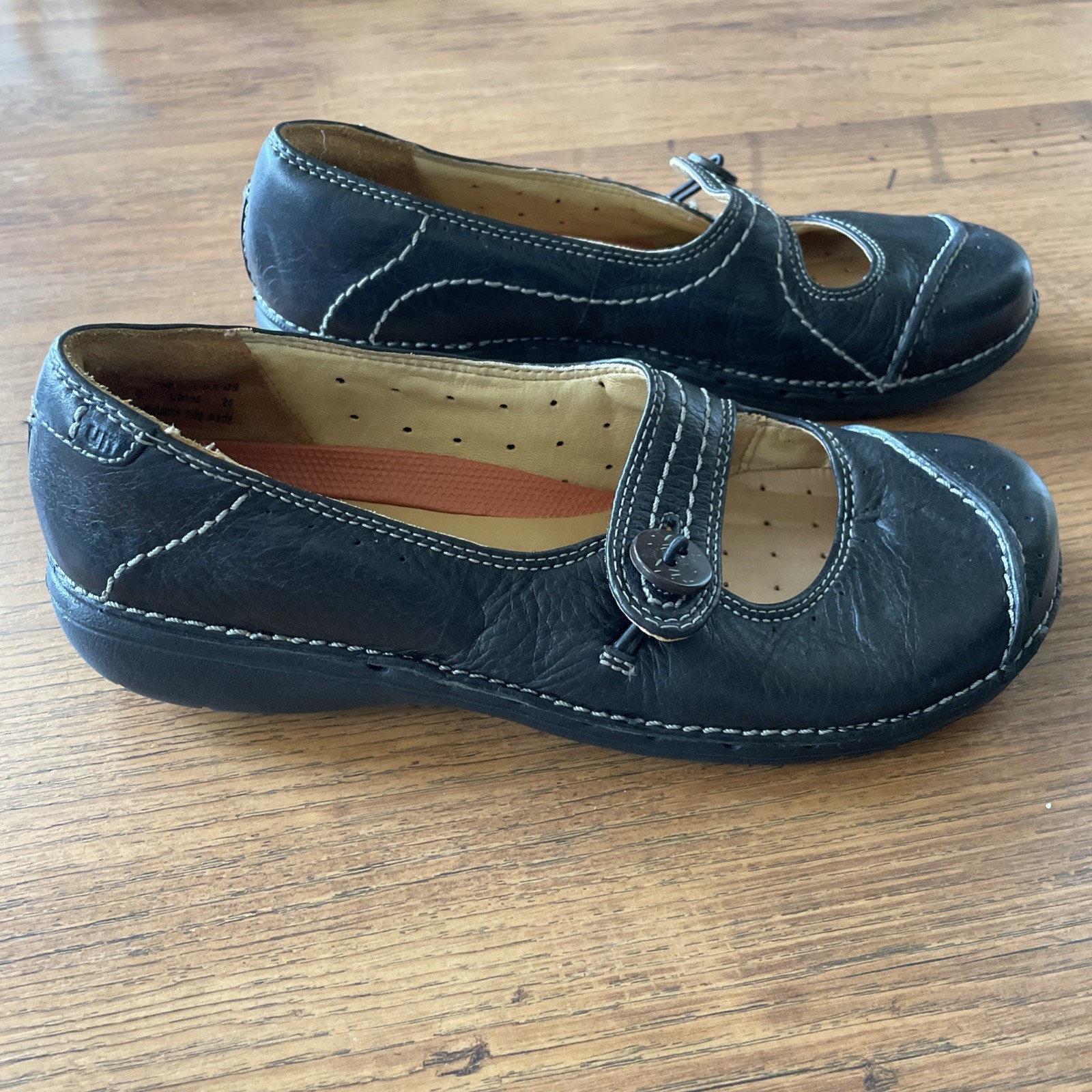 Unstructured Clarks 7 M Womens Black Leather Mary Jane Comfort Flats Shoes