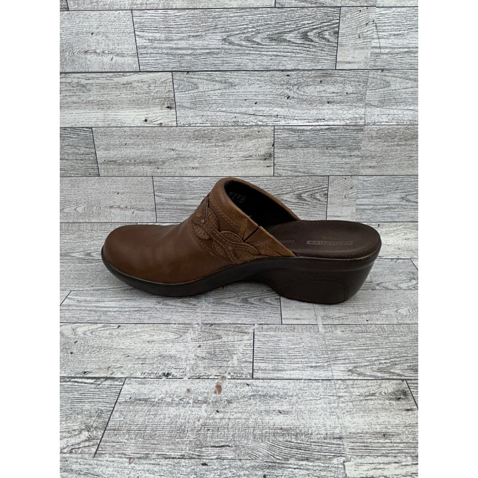 Clarks Collection Women Brown Leather Braided Mules Clogs Cushion Soft Sz 8.5 M