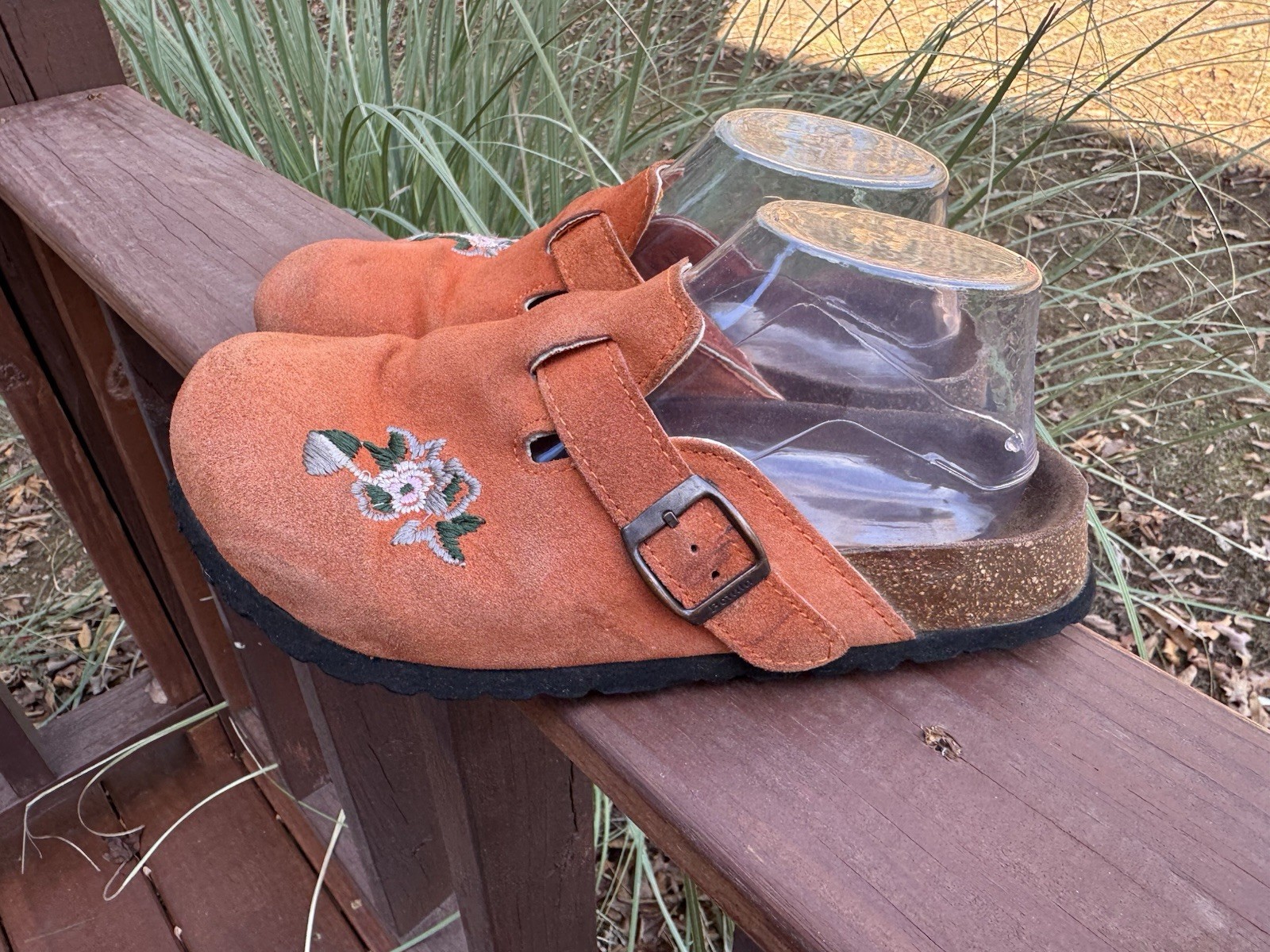 Betula Birkenstock Orange Floral Suede Closed Toe Slip On Clogs Mules Sz 8 N