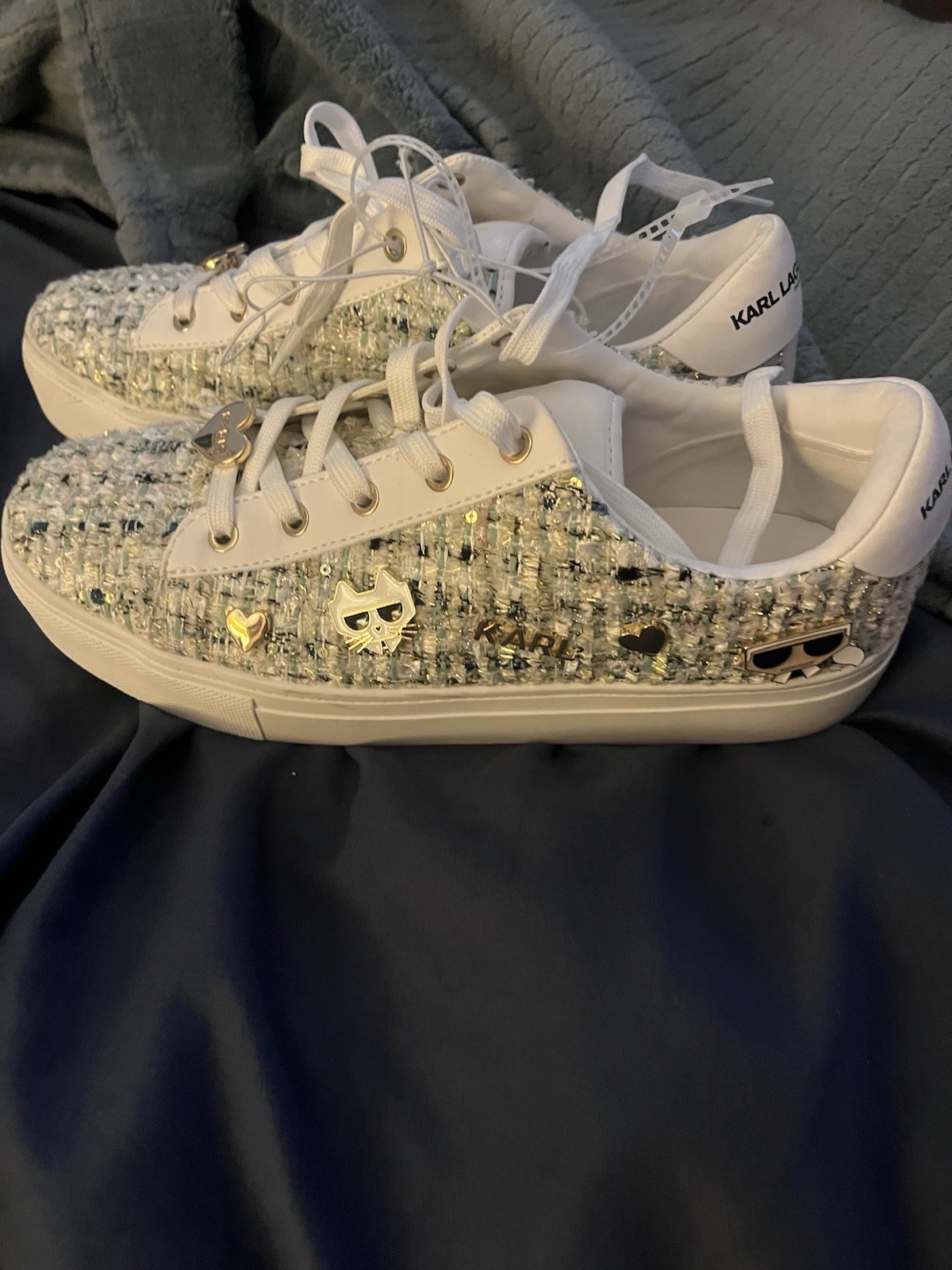 NEW Karl Lagerfeld Paris Pins Lace Up Sneaker SZ 8.5 sequins tweed shoes