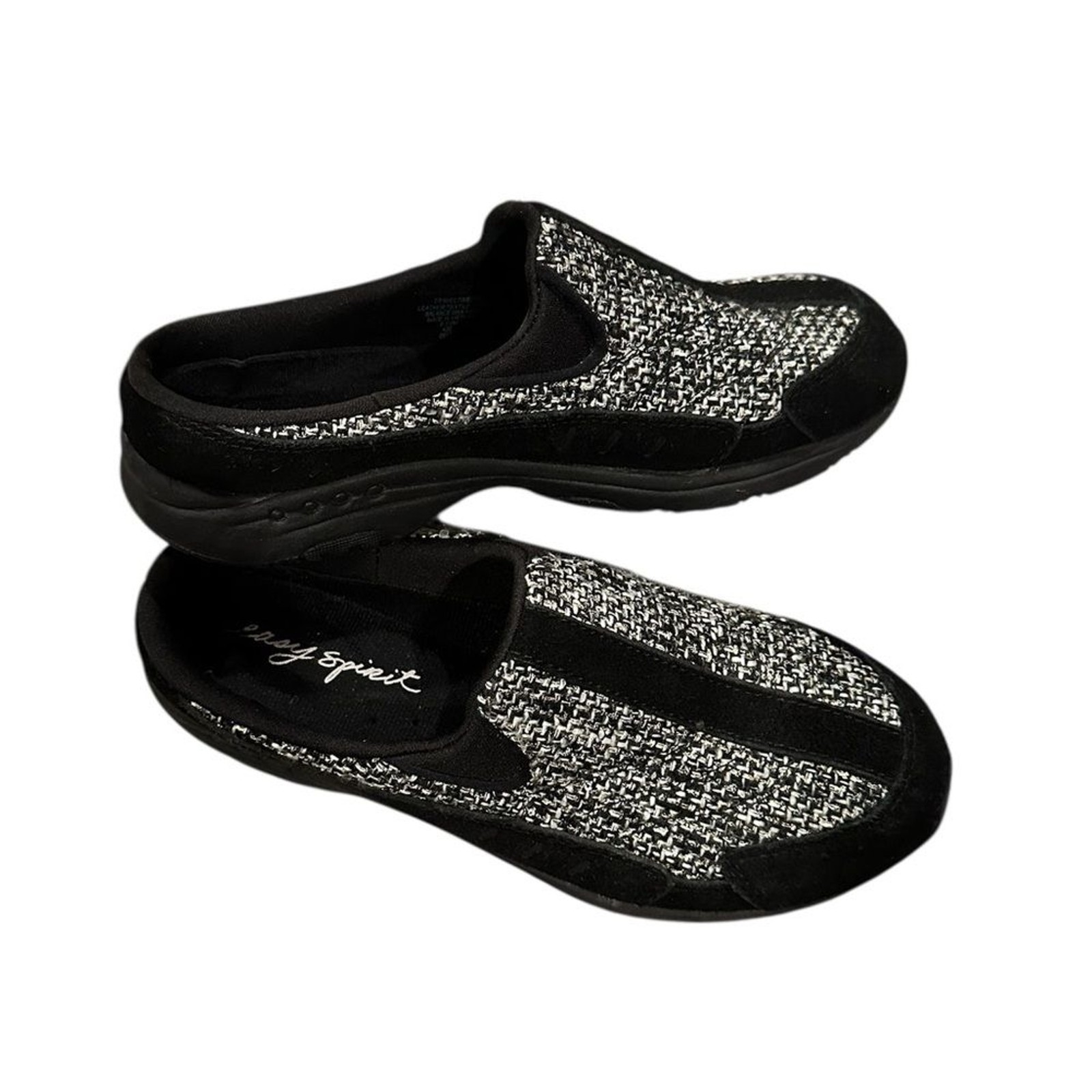 Easy Spirit Traveltime Black Gray Tweed Sequined Metallic Thread Mules Size 8.5