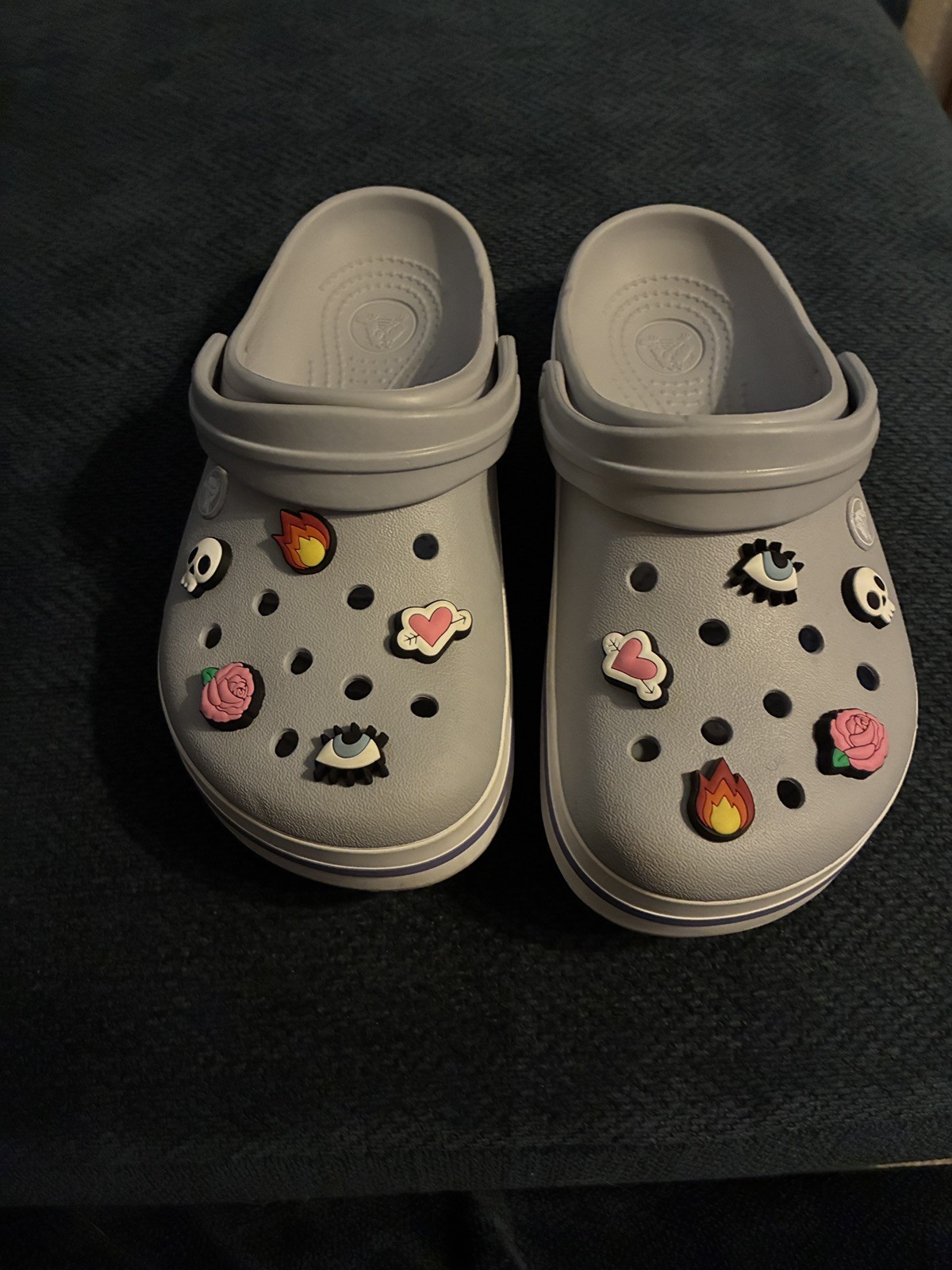 Crocs Crockband Clogs in Light Grey with Purple/White Midsole Stripe