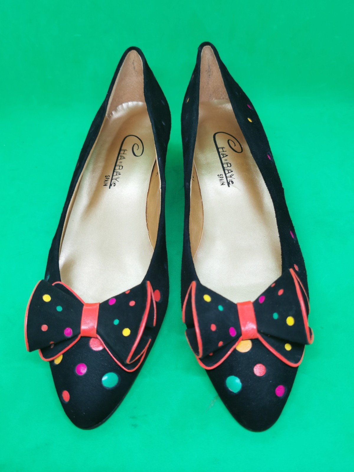Deadstock Vtg 80’s 90’s Cha-Raye Spain Low Pumps Heel Dot Colorful Suede RARE 10