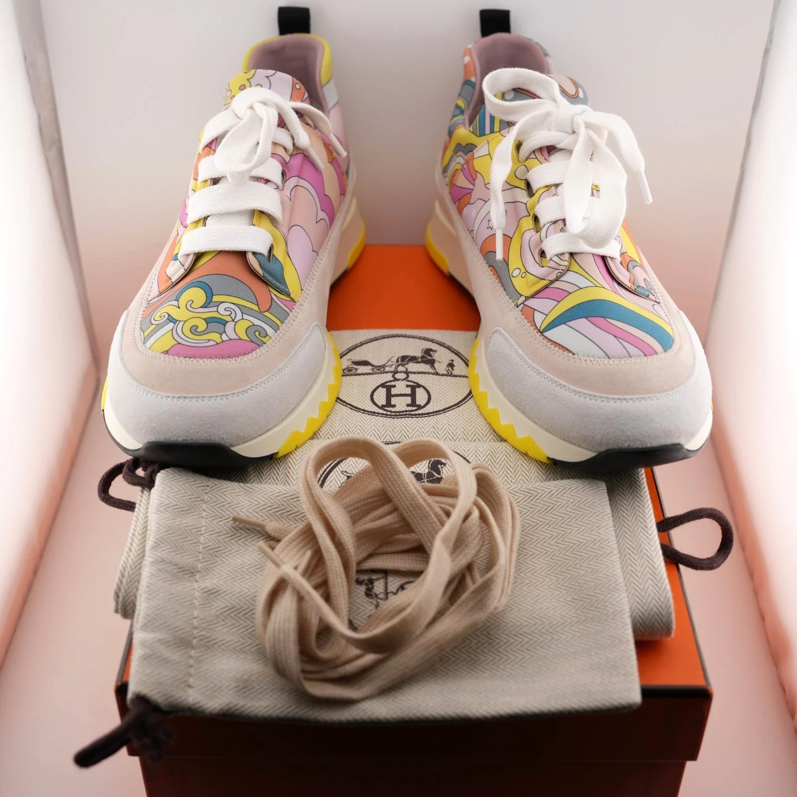 Hermes Multicolor Print Canvas and Suede Stadium Low Top Sneakers Women’s 9