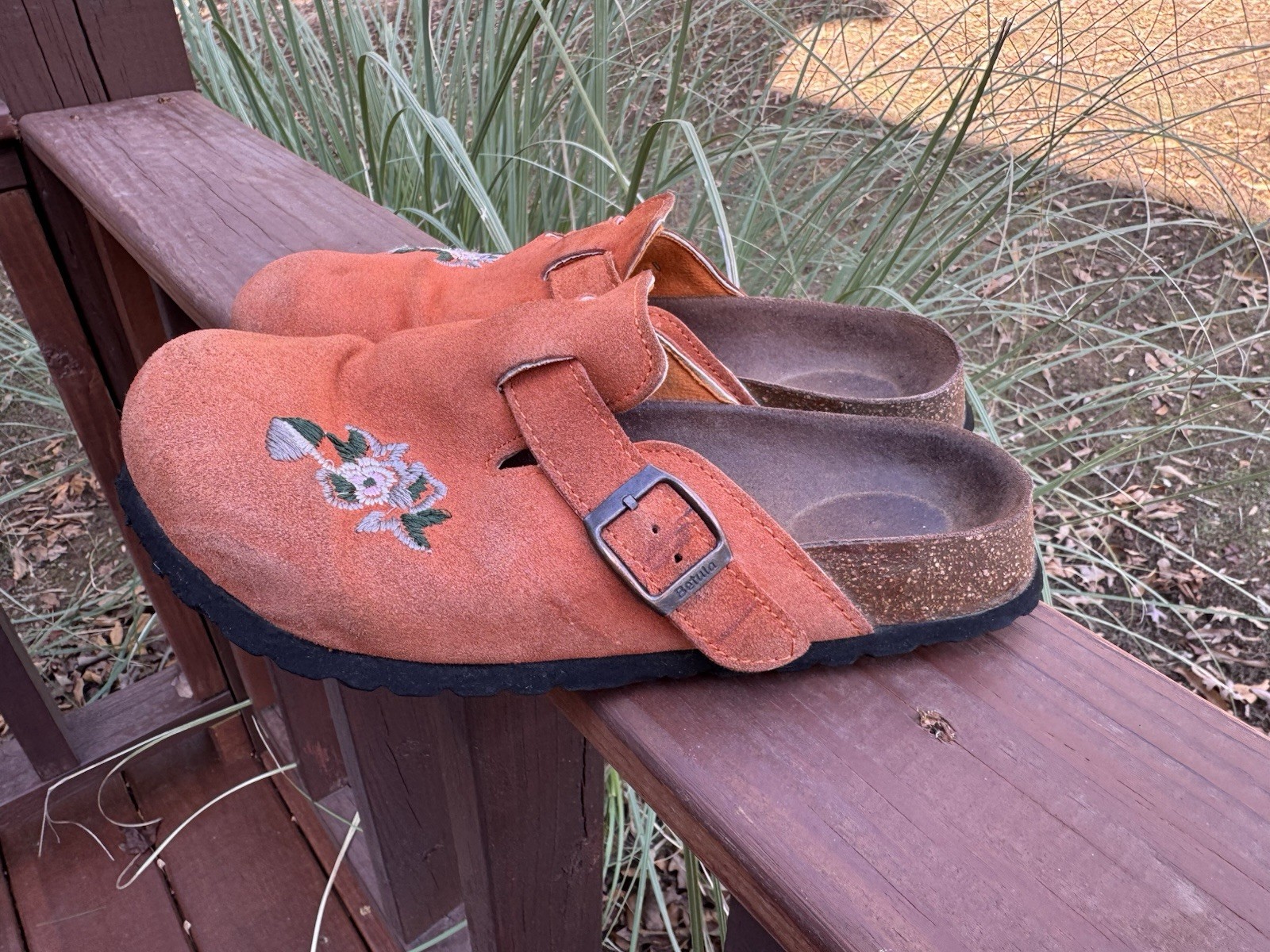 Betula Birkenstock Orange Floral Suede Closed Toe Slip On Clogs Mules Sz 8 N