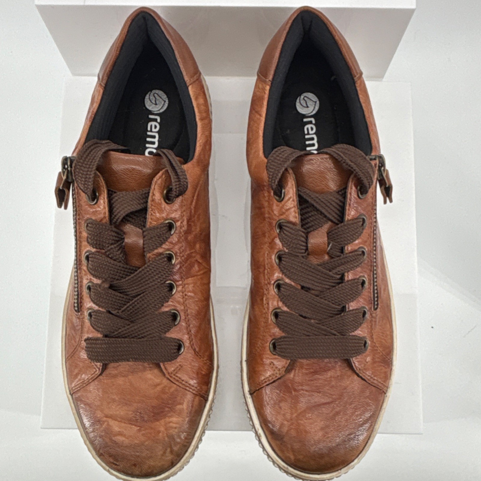 Remonte Brown Leather Lace-Up Sneakers Zipper Logo Women US 9.5 EU 41 Comfort