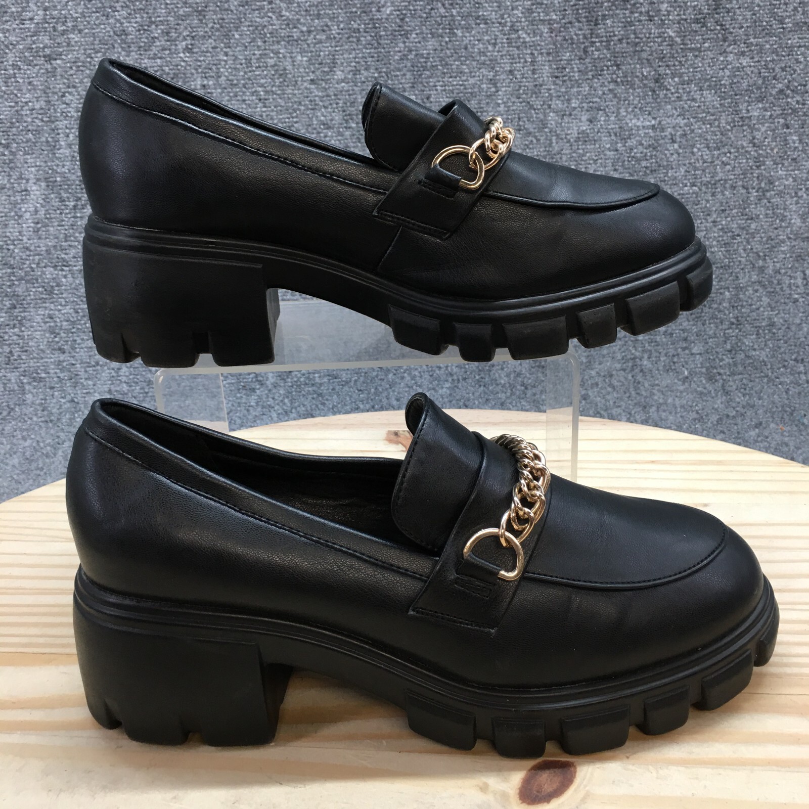 JustFab Shoes Womens 8.5 Leli Chain Loafers Black Faux Leather Casual Comfort