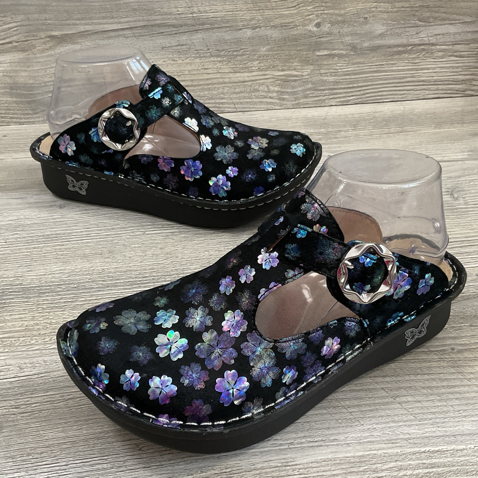 Alegria ALG-555 Mary Jane Clogs Womens US 7-7.5 EU 37 Black Floral Leather NEW
