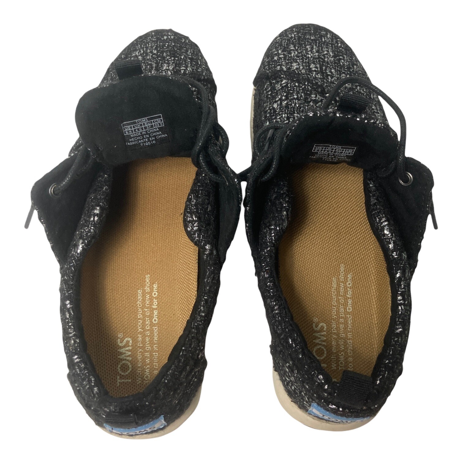 Toms Del Rey Women Size 6.5 EU 37 Textured Fabric Black Silver Lace Up Sneakers