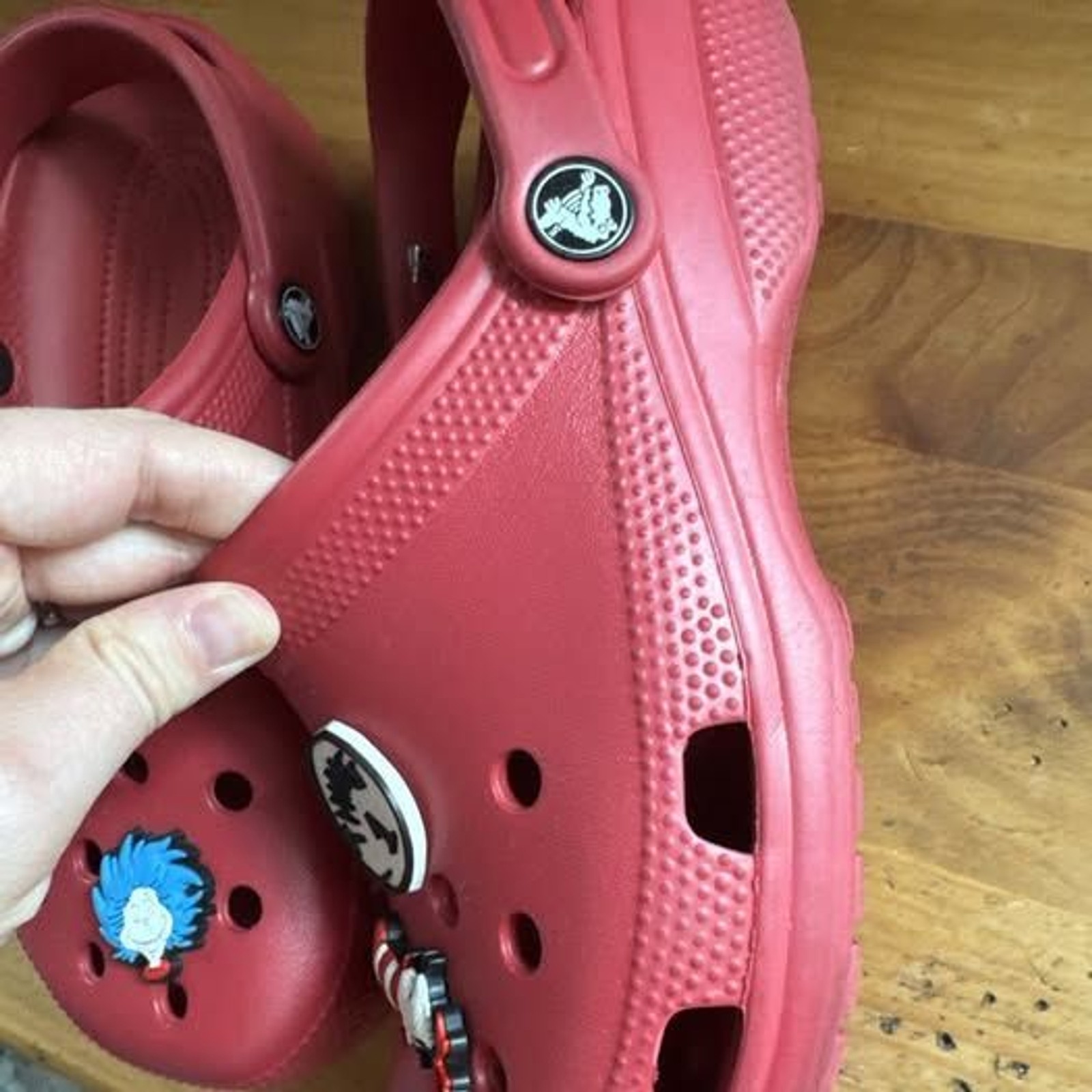 Red Crocs Size M5 W7 With Dr. Seuss Crocs Pins