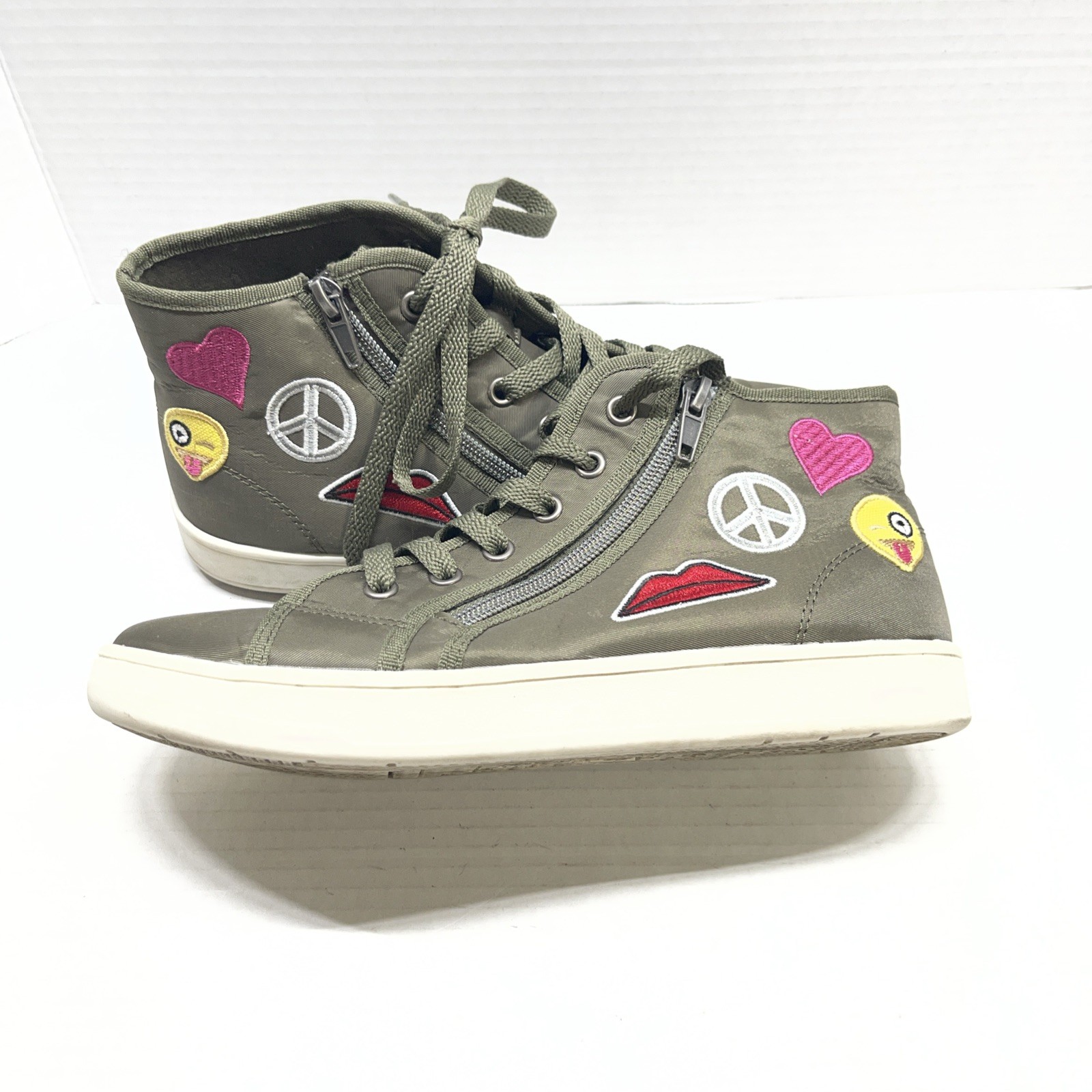 BRASH Army Green￼EMOJI BOSY Hi TOP ZIP SNEAKERS HEARTS PEACE Shoes