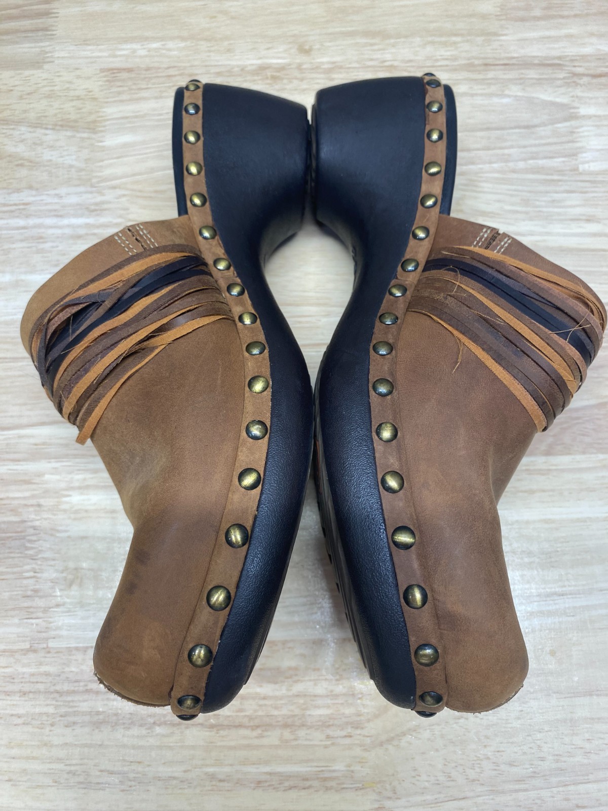 Ecco Leather Studded Slip On Size 9.5 EU 40 Mules Clogs Chunky Strap Boho Brown
