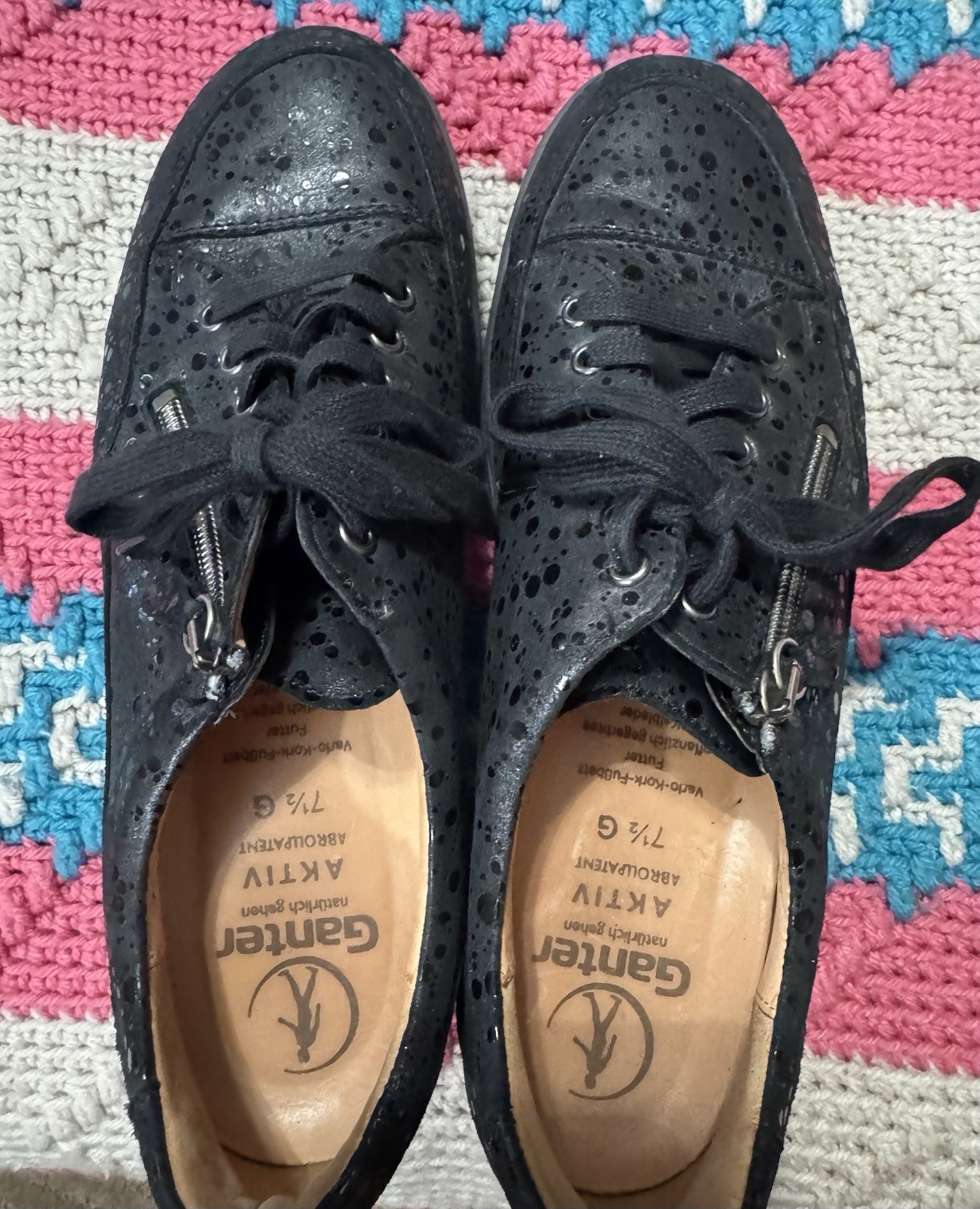 Ganter Sensitiv Women Black Textured Leather Lace Up Side Zip Sneakers Size 7.5