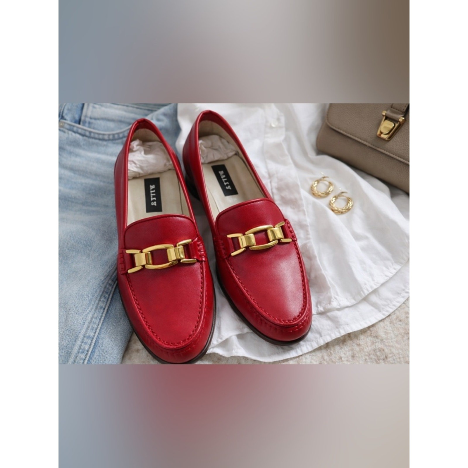 Bally Imogene Red Leather Loafers 7.5N Made In Italy Gold Bit Classic Luxury