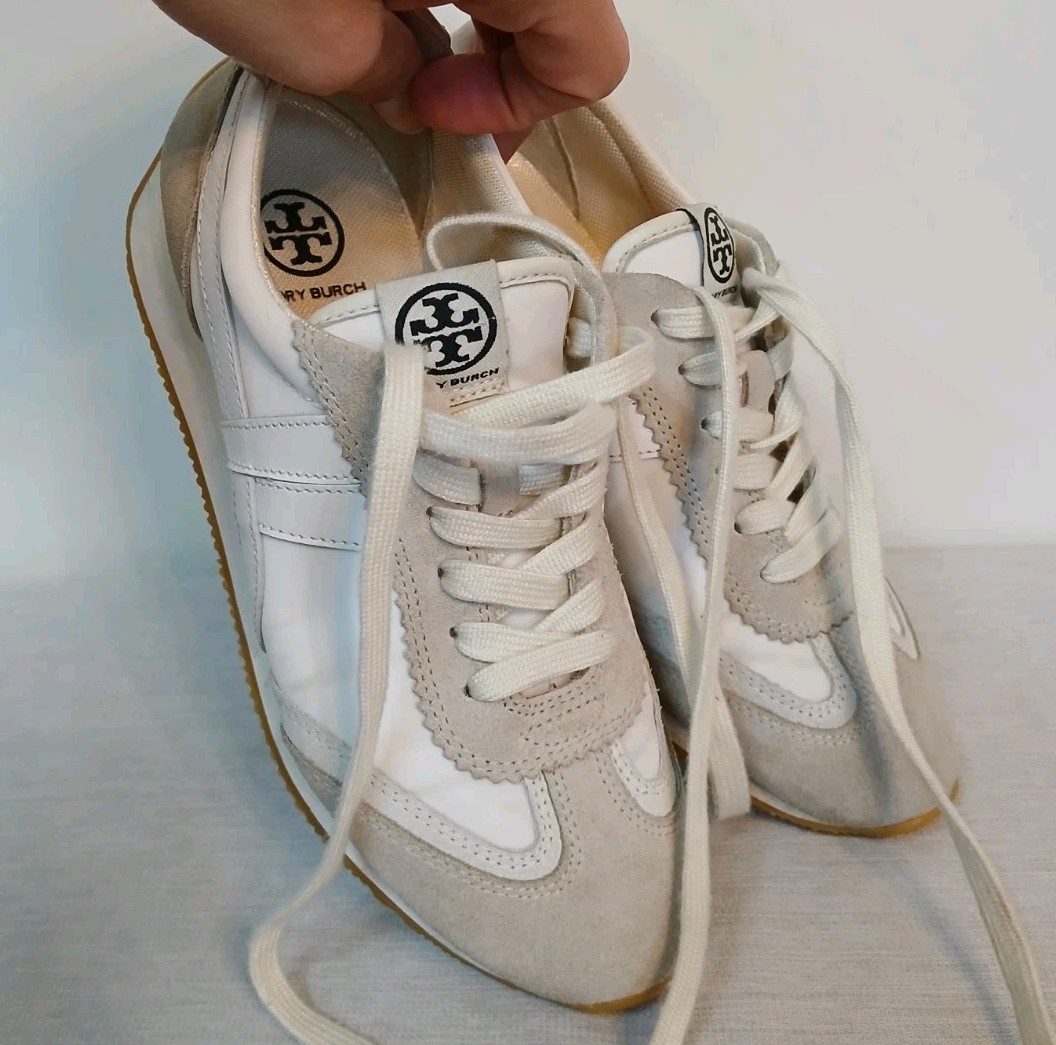 Tory Burch Hank Leather Suede Sneaker Womens 6 Snow White Beige Gum Lace