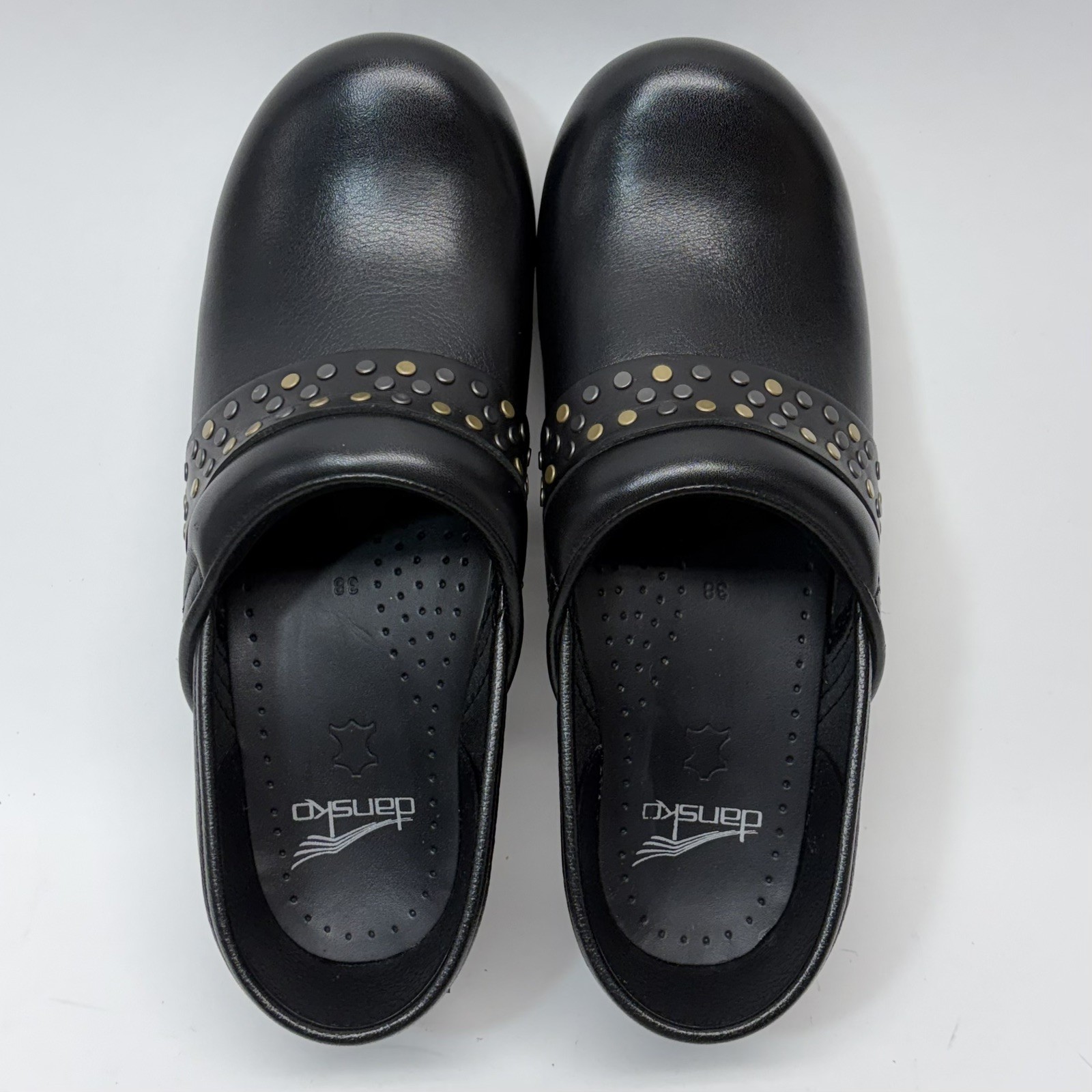 Dansko Pavan Clogs Black Leather Studded Strap Comfort Shoes Walking Size 38