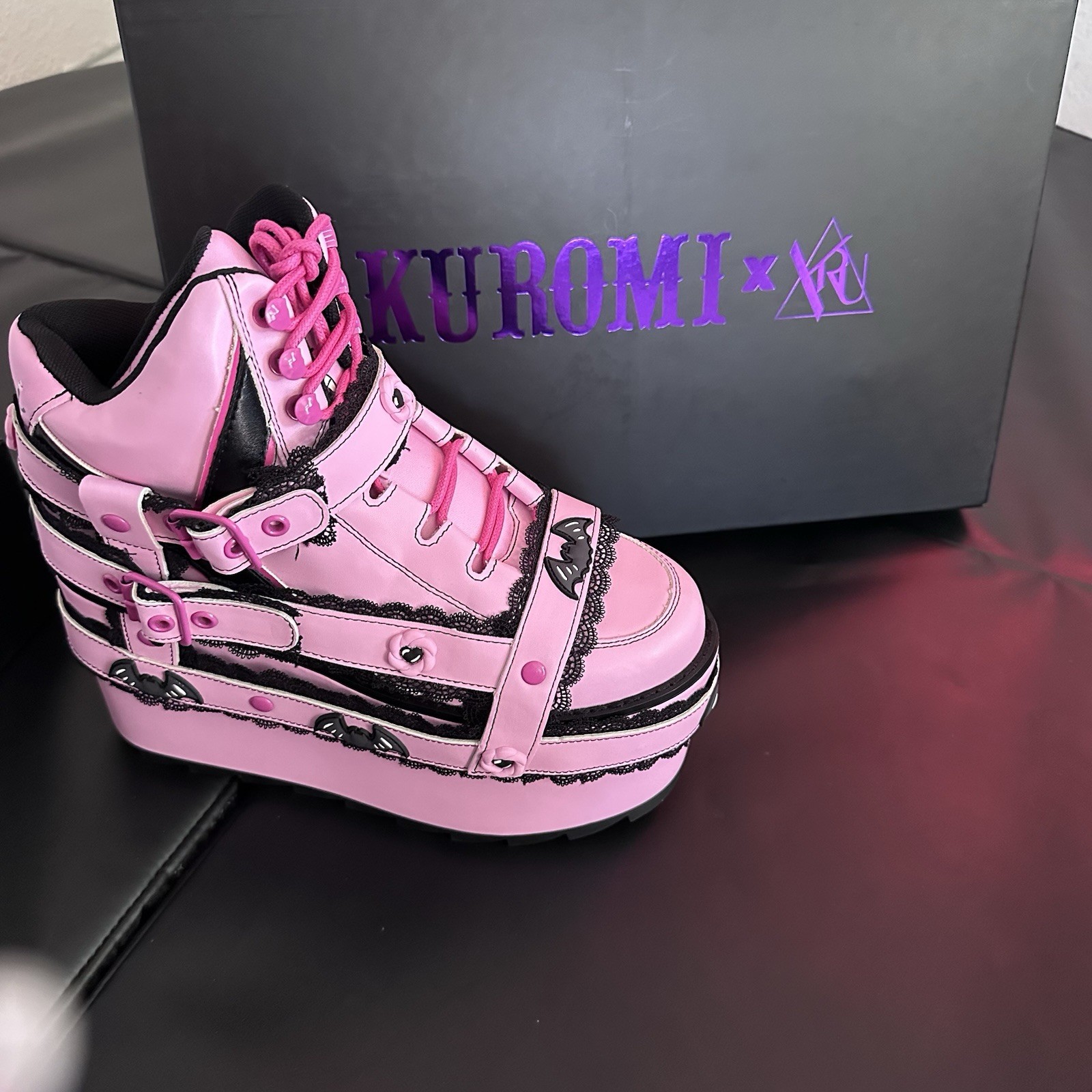 YRU x Kuromi Qozmo Bndg Platform Sneakers Pink Black Women’s Size 9 NWB