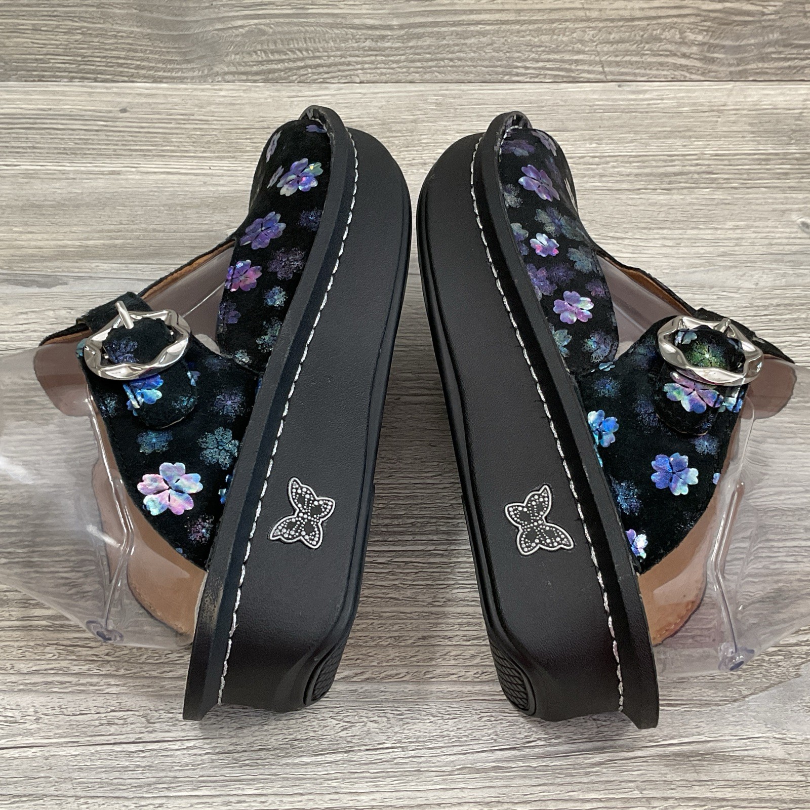 Alegria ALG-555 Mary Jane Clogs Womens US 7-7.5 EU 37 Black Floral Leather NEW